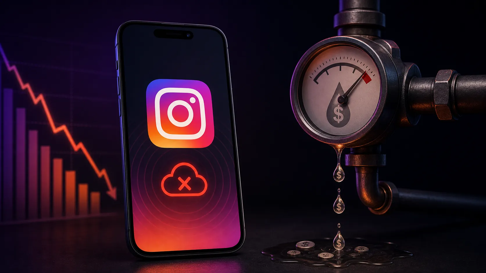 Smartphone with Instagram logo, red disruption indicator, and cost meter suggesting financial loss