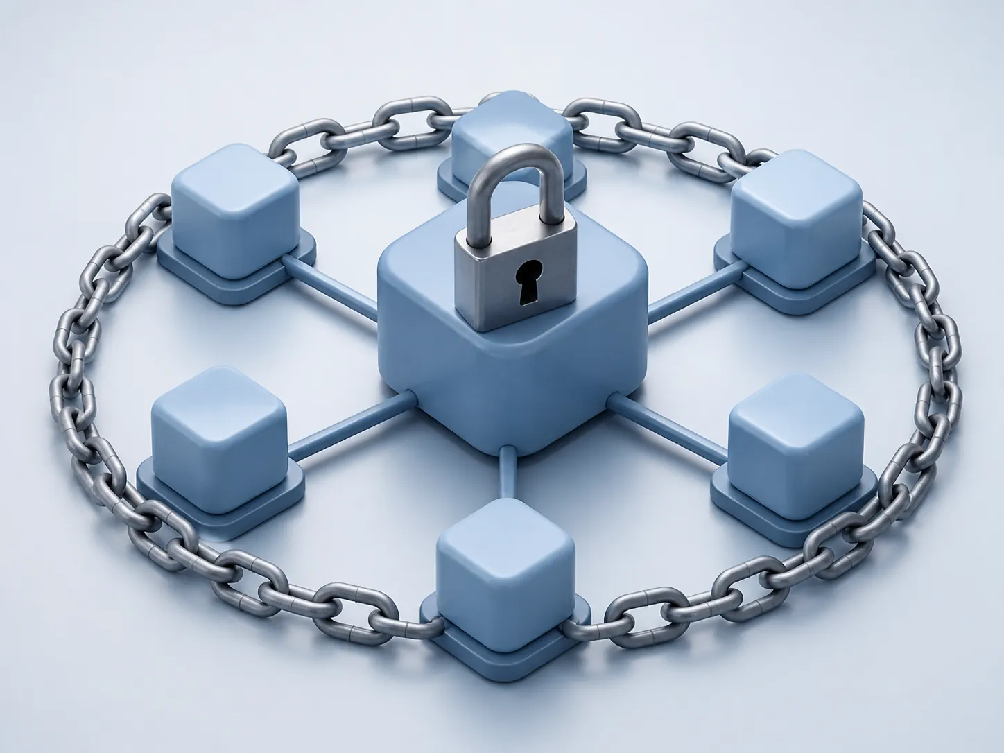 A central cube with smaller branching cubes wrapped in a chain and padlock, representing derivative models bound by the same license restrictions