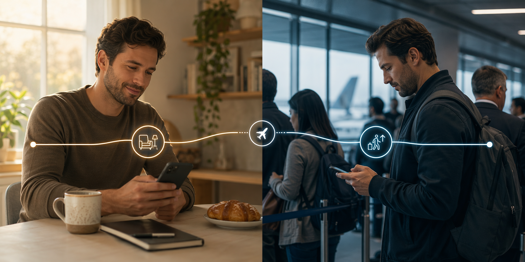Split-screen illustration comparing early check-in and last-minute airport check-in contexts