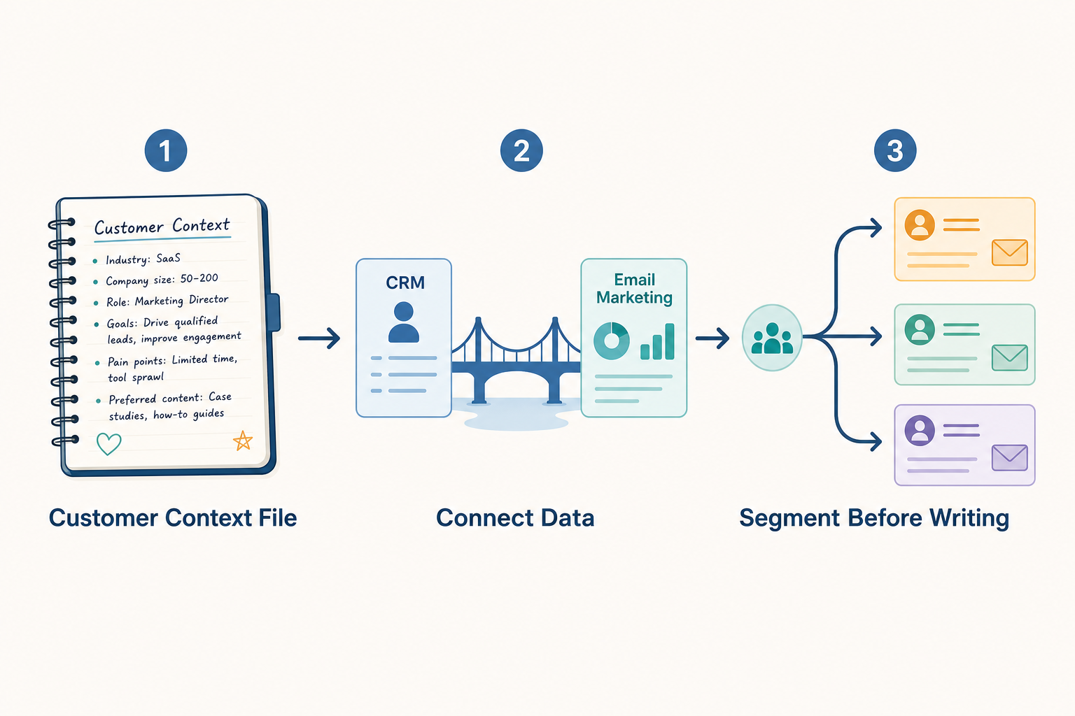 A flat vector illustration of a three-step horizontal workflow diagram. Step 1 shows a notebook icon labeled 'Customer Context File.' Step 2 shows a CRM icon connected to an email dashboard icon via a bridge, labeled 'Connect Data.' Step 3 shows audience segments splitting into distinct personalized message cards, labeled 'Segment Before Writing.' Arrow connectors flow between the three steps in blue, teal, and warm accent colors.