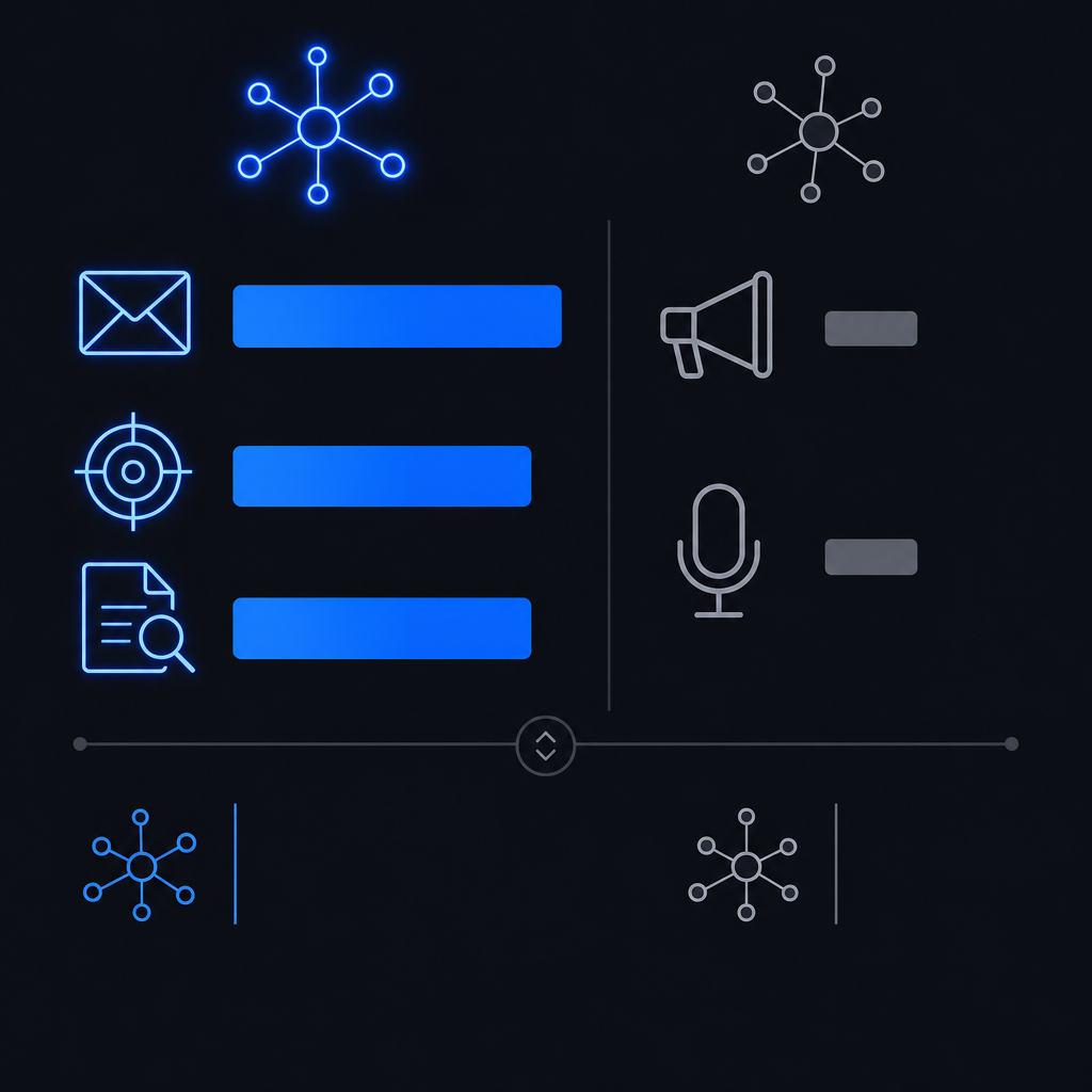 An editorial diagram contrasting high-AI-leverage channels (email, ABM, content) with supplementary-impact channels (programmatic, podcast) using bar indicators.