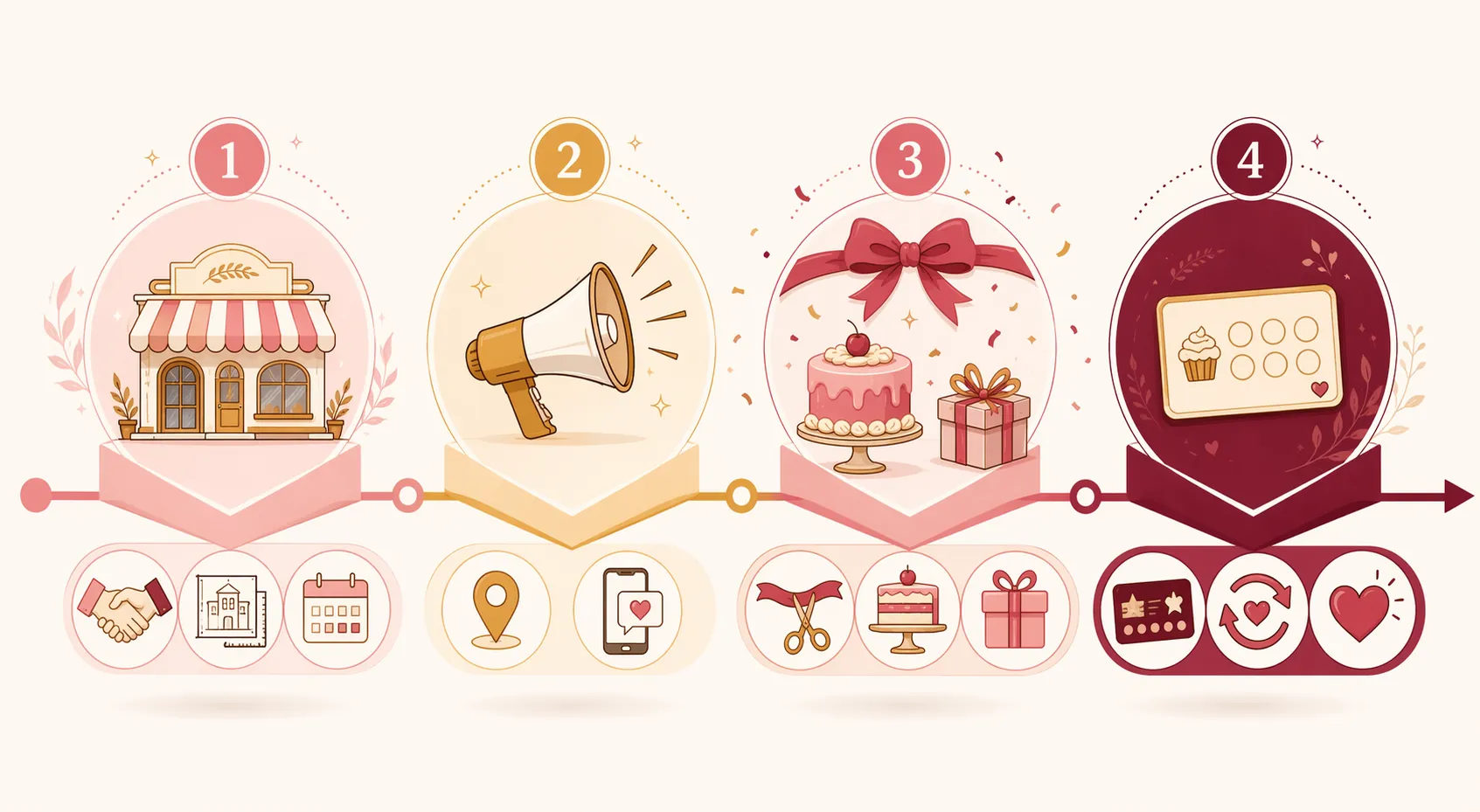 Four-phase grand opening timeline with icons for community groundwork, local advertising, ribbon cutting, and loyalty retention