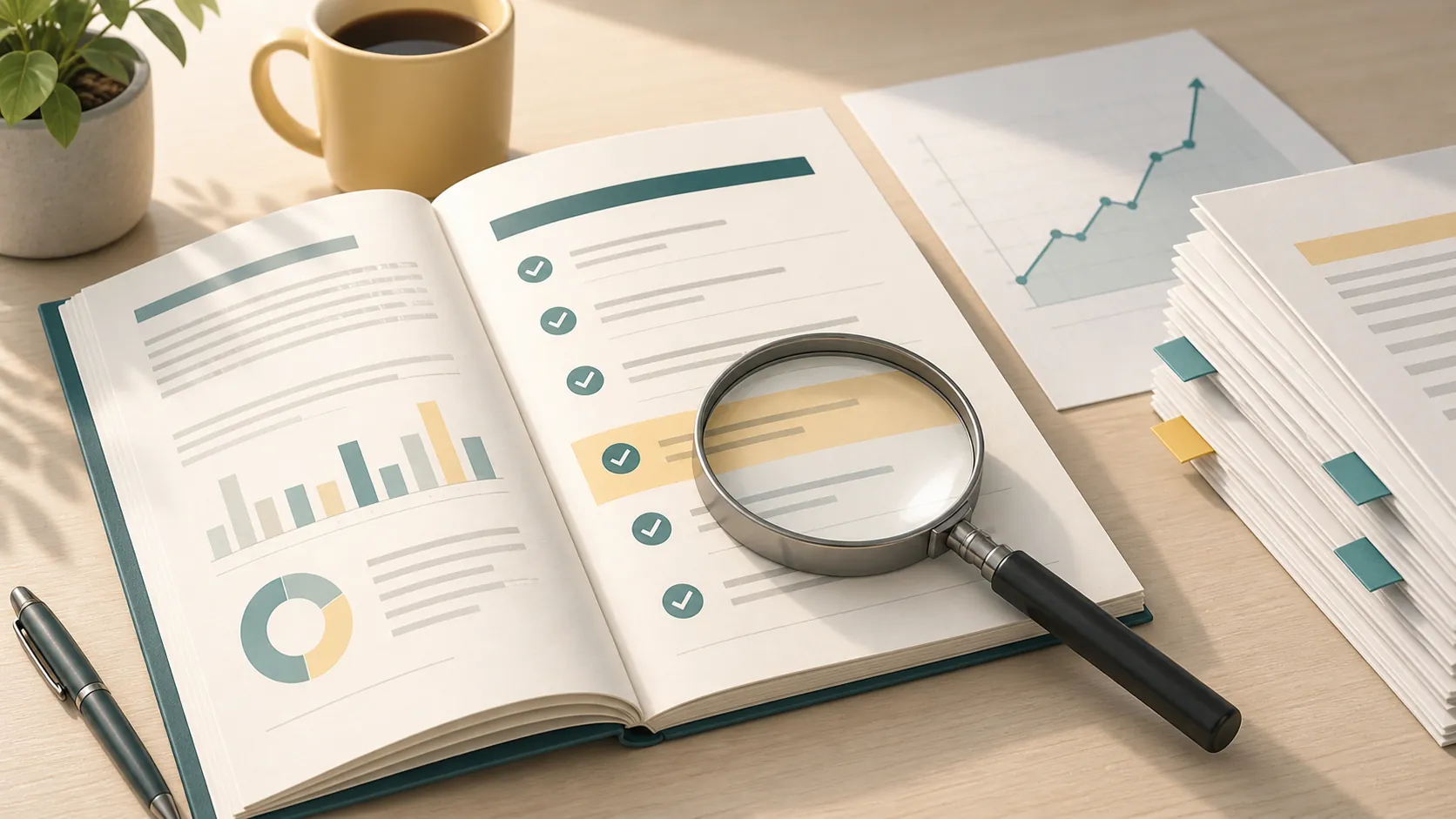 Release-notes-style document with highlighted entry, magnifying glass, chart, and paper tabs