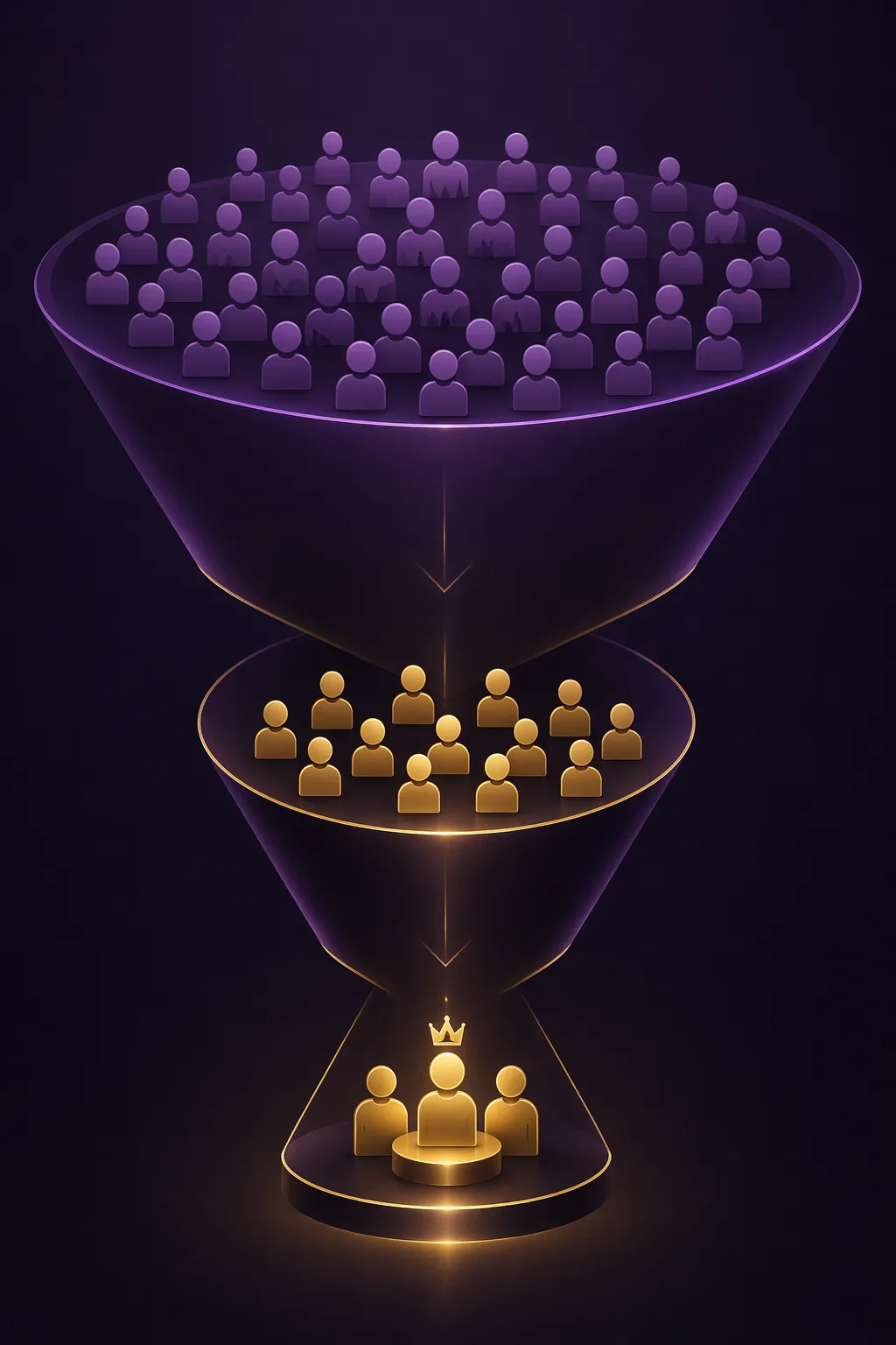 Geometric funnel narrowing from many user icons to a smaller elite group in purple and gold gradients