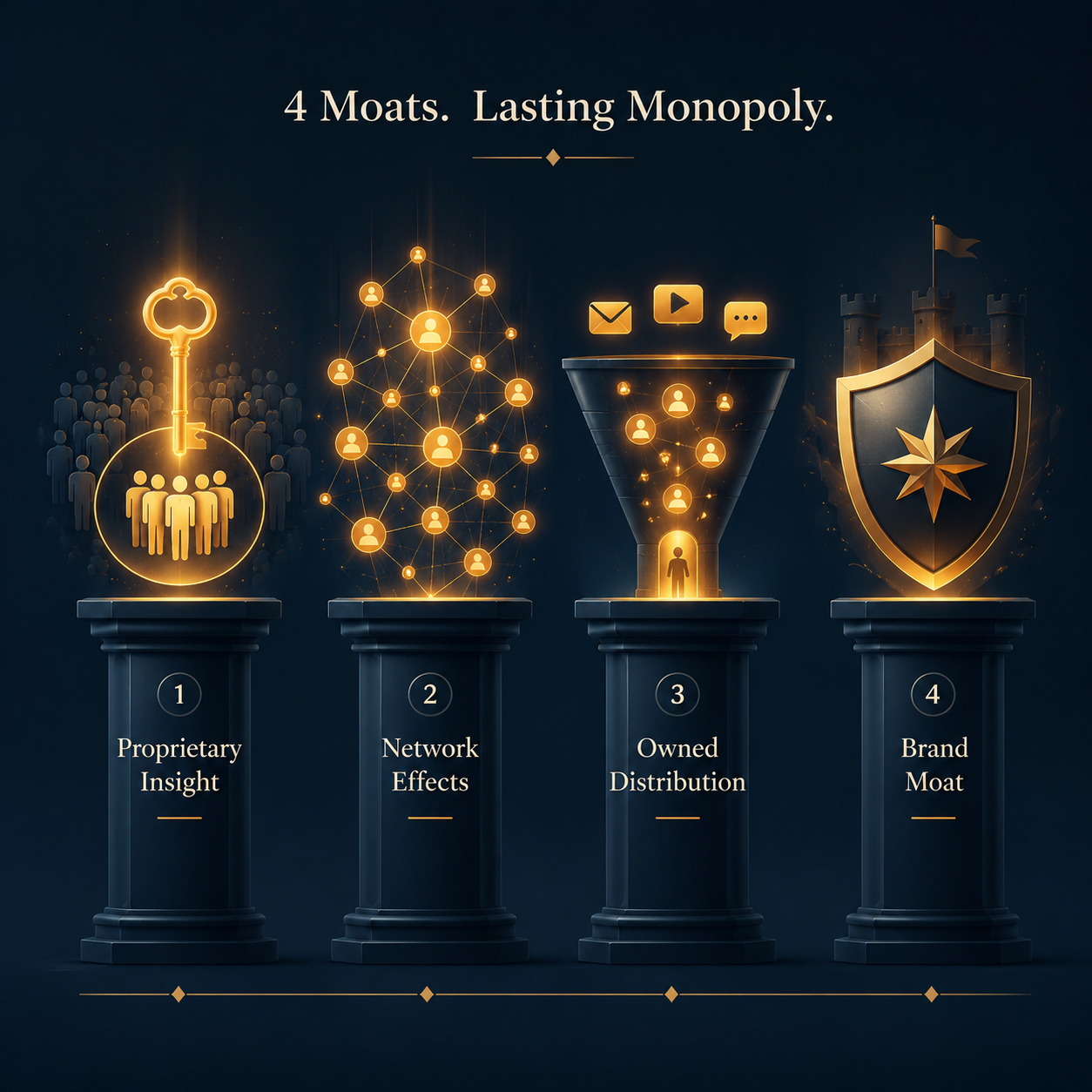 Four editorial pillars labeled Proprietary Insight, Network Effects, Owned Distribution, and Brand Moat