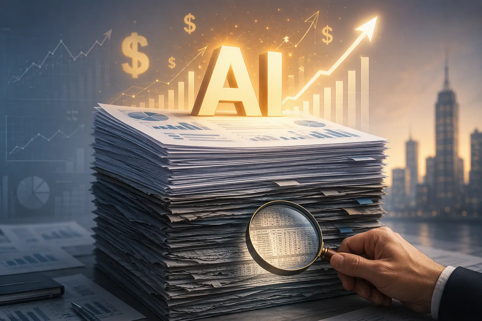 Financial reports and an AI growth symbol contrasted with a magnifying glass inspecting tiny granular data