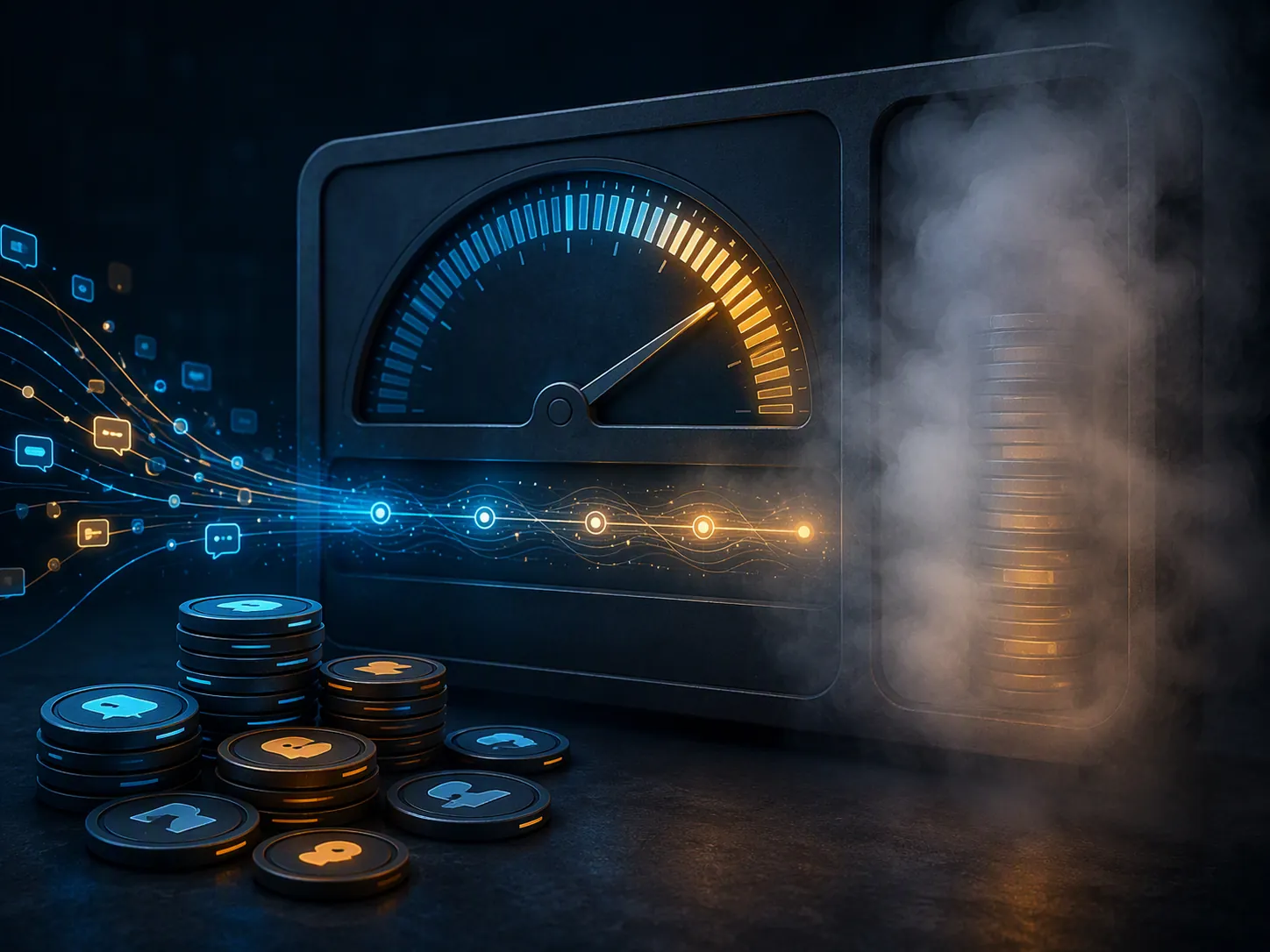 Usage meter with hidden cost column, credit chips, and continuous activity stream