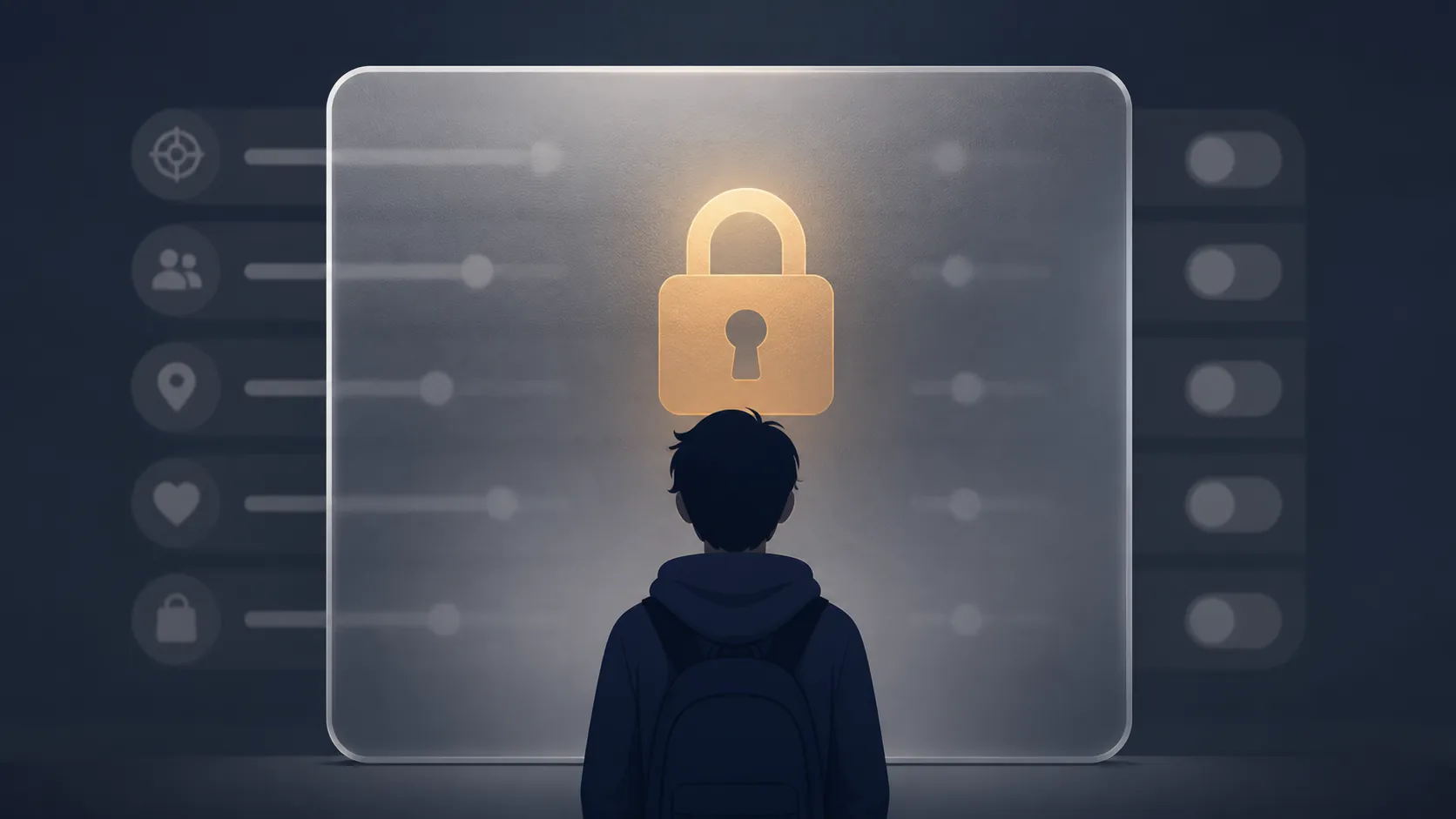 Teen user facing a locked age-gate panel with targeting controls dimmed behind it