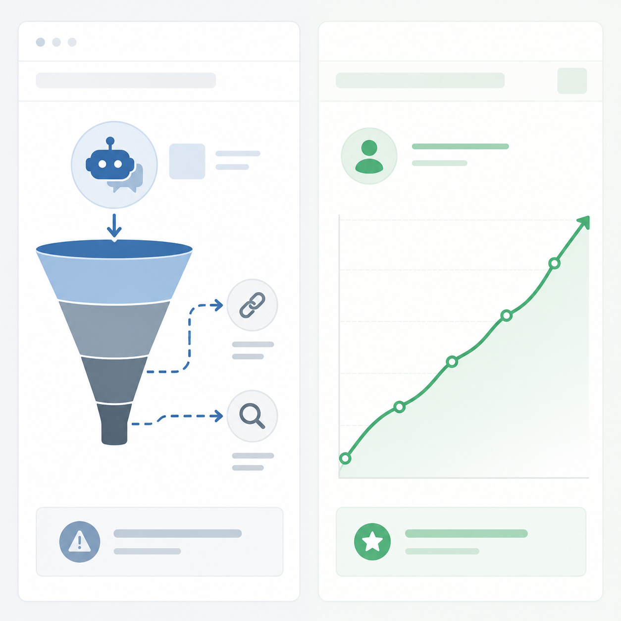 Analytics funnel misrouting AI search traffic into direct and branded labels beside subscriber growth chart