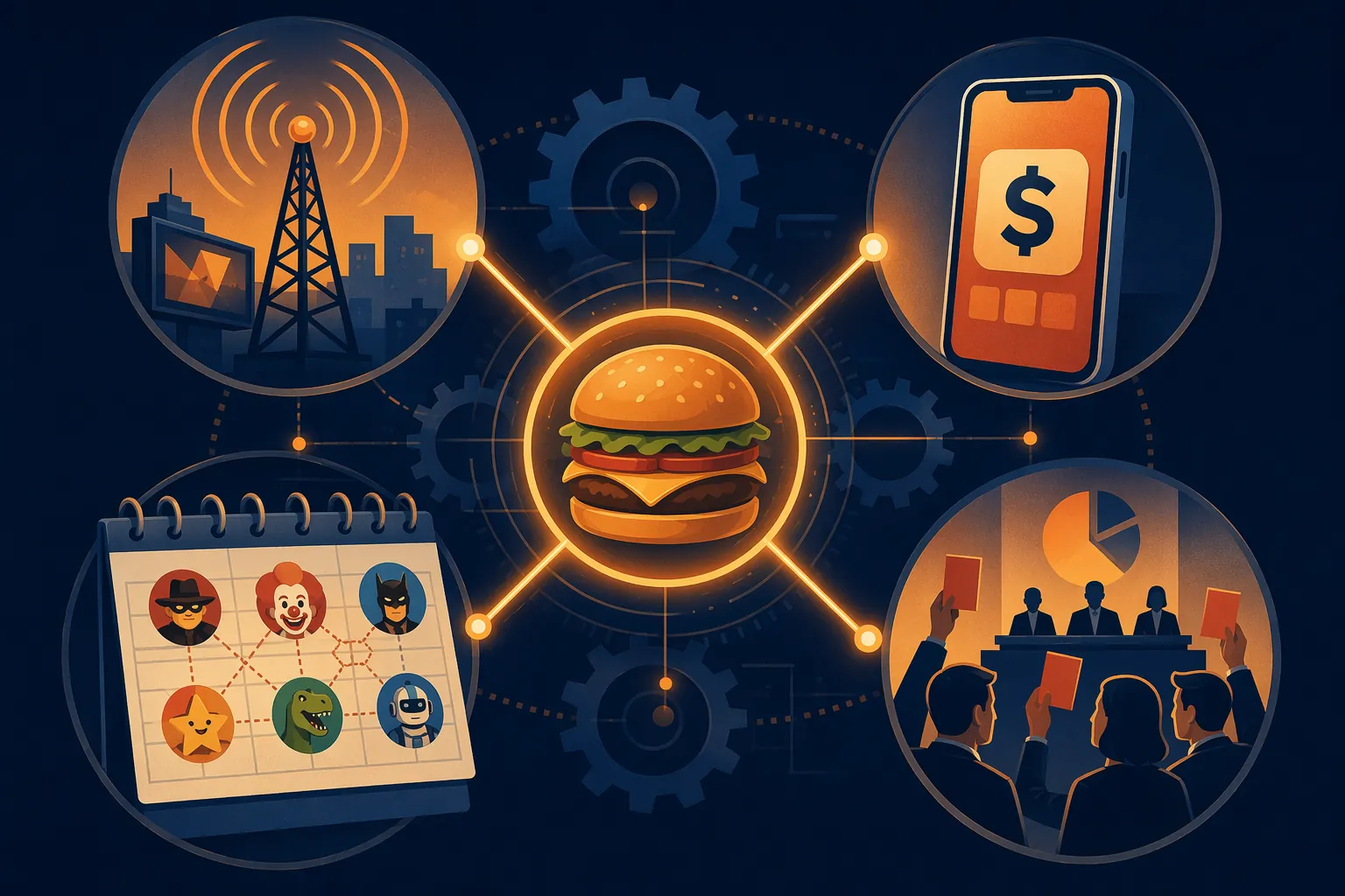 Stylized burger connected to TV, app, licensing calendar, and franchisee voting figures