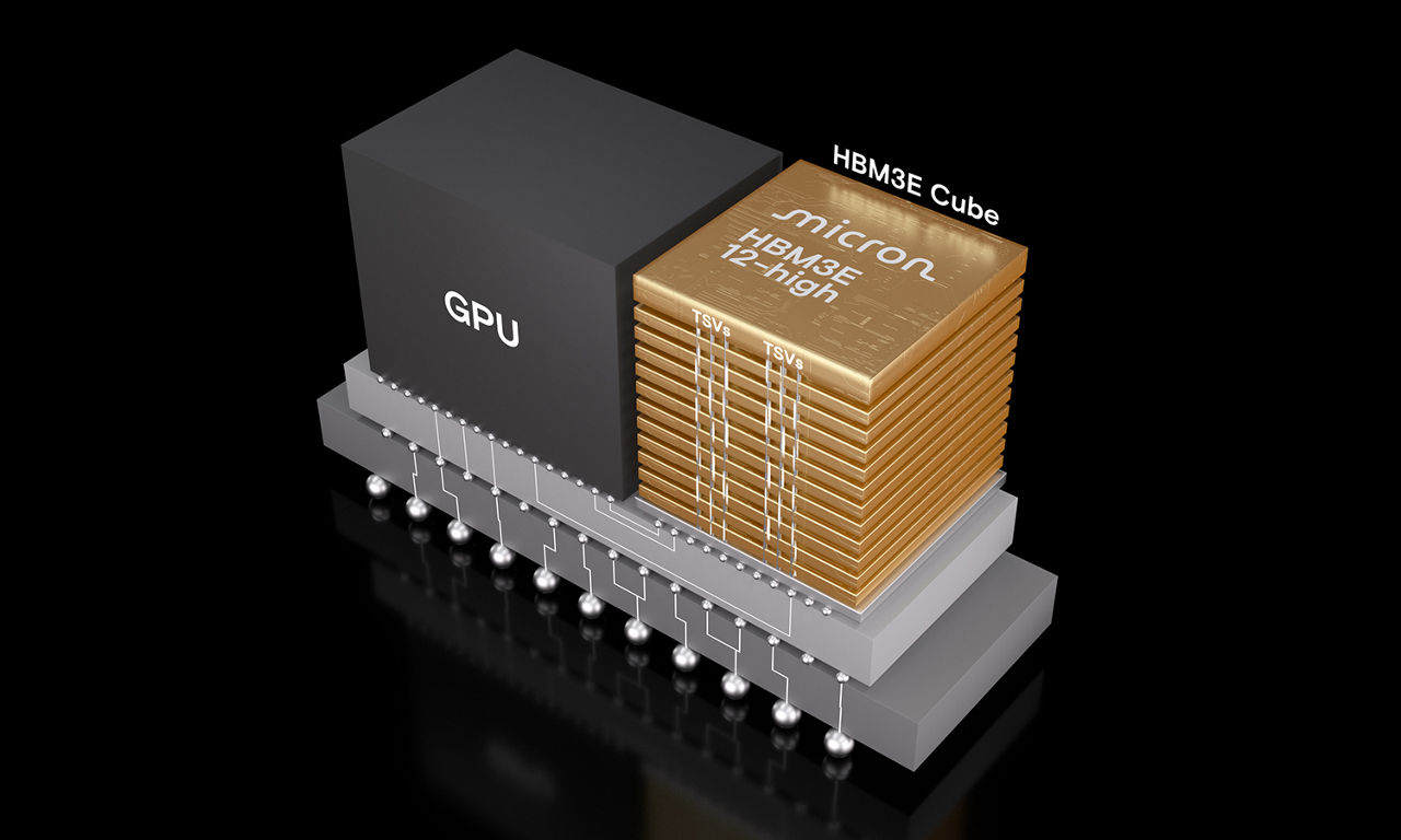 Micron HBM3E high-bandwidth memory cube on a dark background