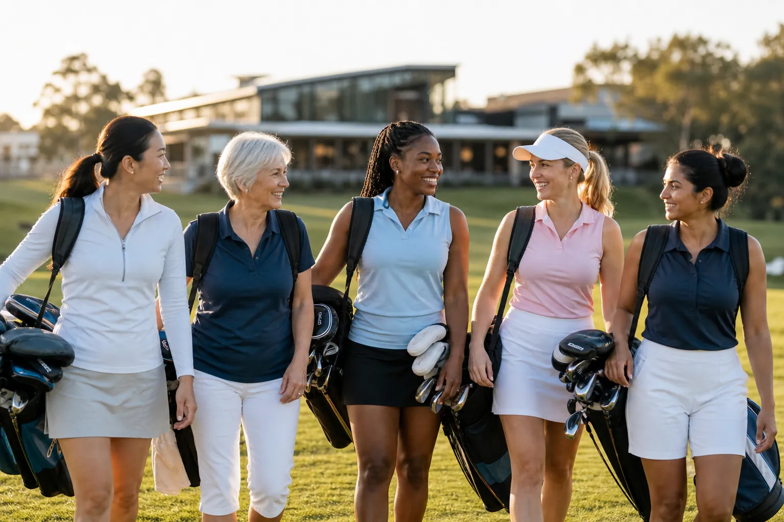 Diverse group of women golfers walking together with golf bags on a sunny fairway