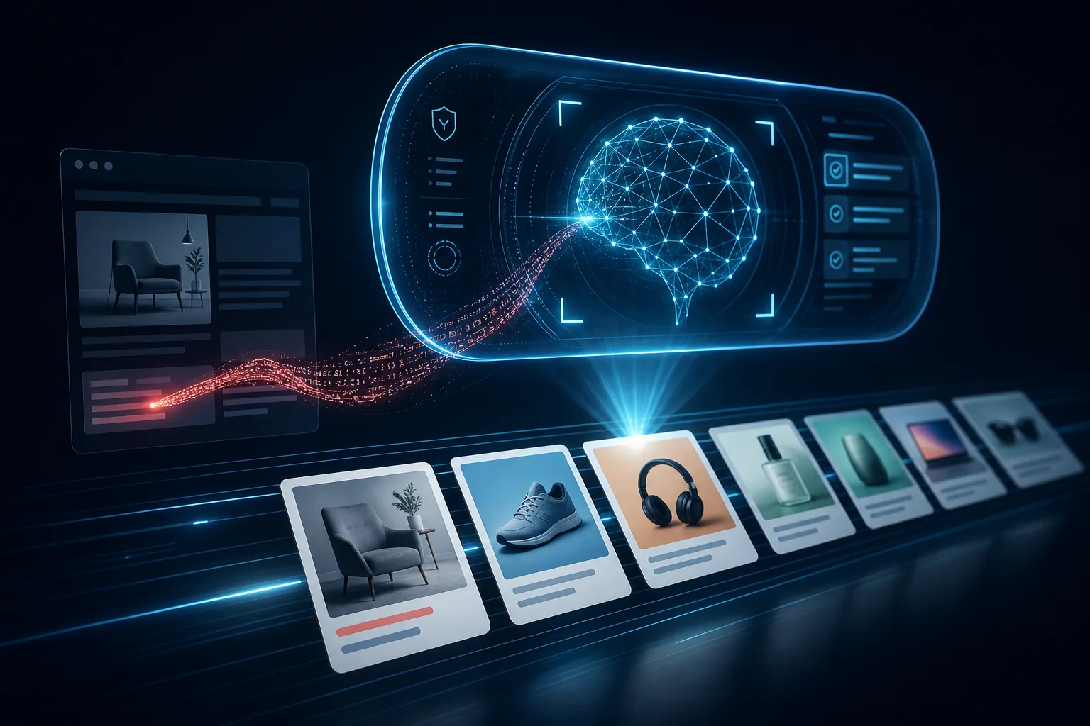 AI review lens scanning ad creative cards while hidden code fragments rise from a webpage