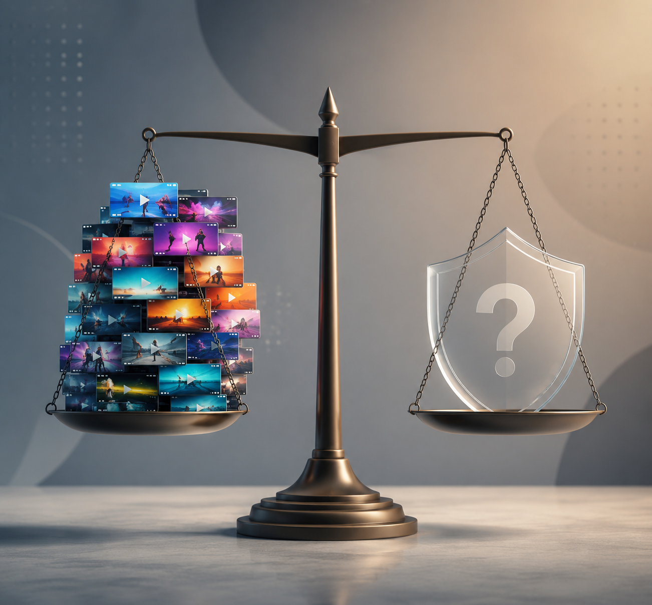 Balance scale weighing creative video volume against consumer trust risk