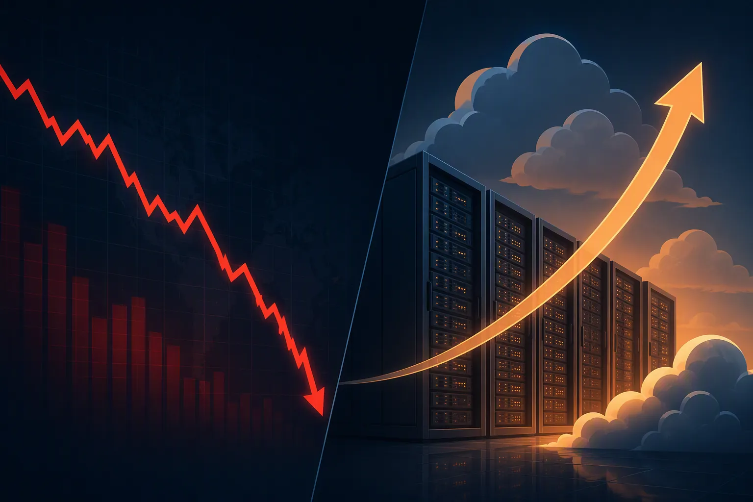 Falling stock chart beside rising server and cloud infrastructure cost silhouettes