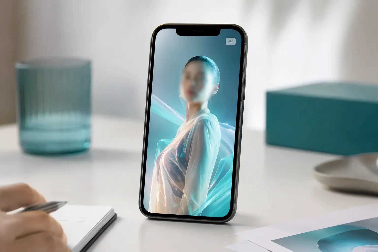 Smartphone ad layout featuring a glossy synthetic human avatar with an AI badge