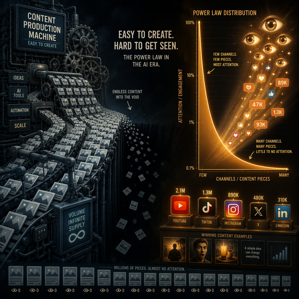 Content production machine contrasted with a J-shaped attention curve