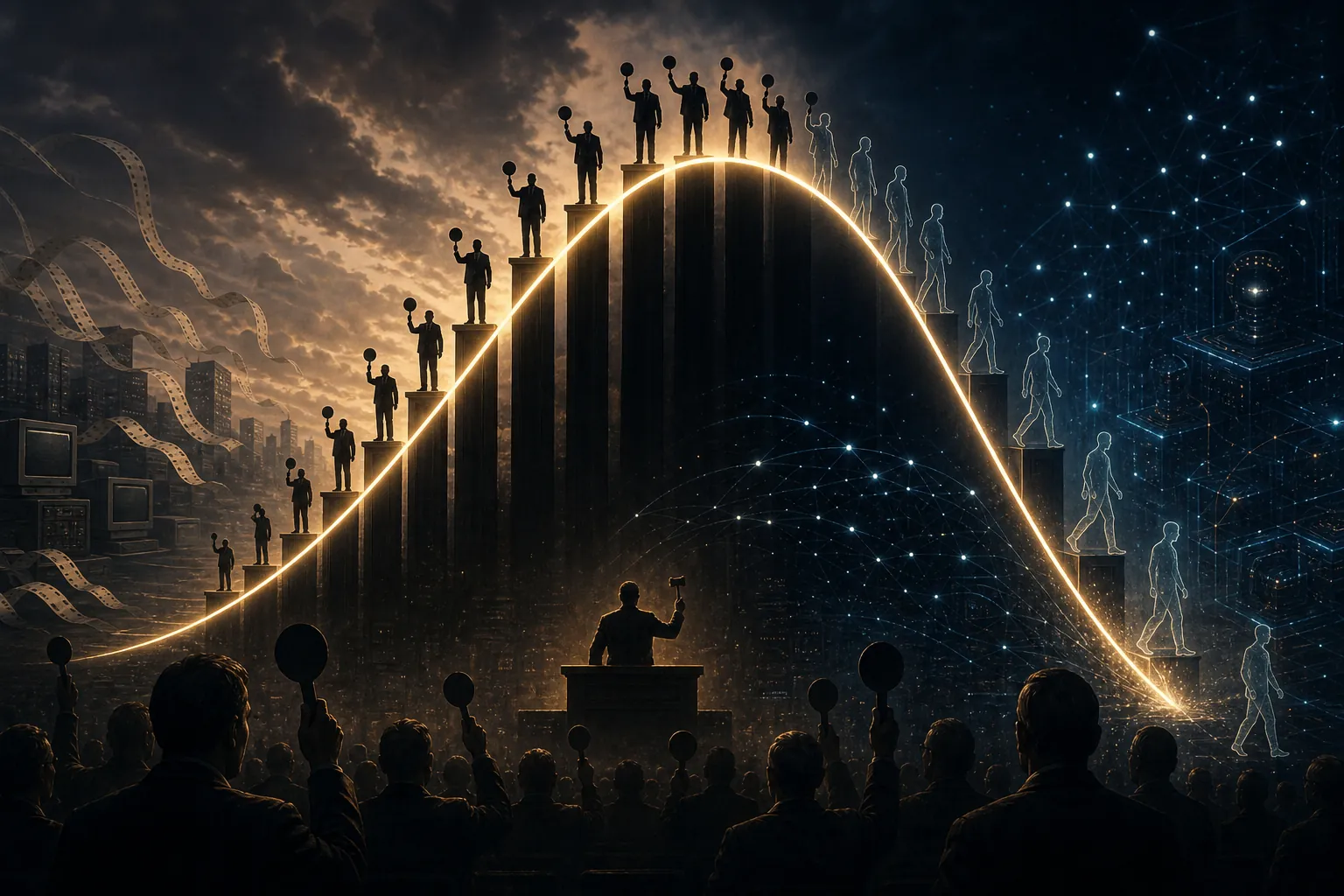 Advertisers bidding along a curve that rises and collapses between dot-com and AI-era imagery