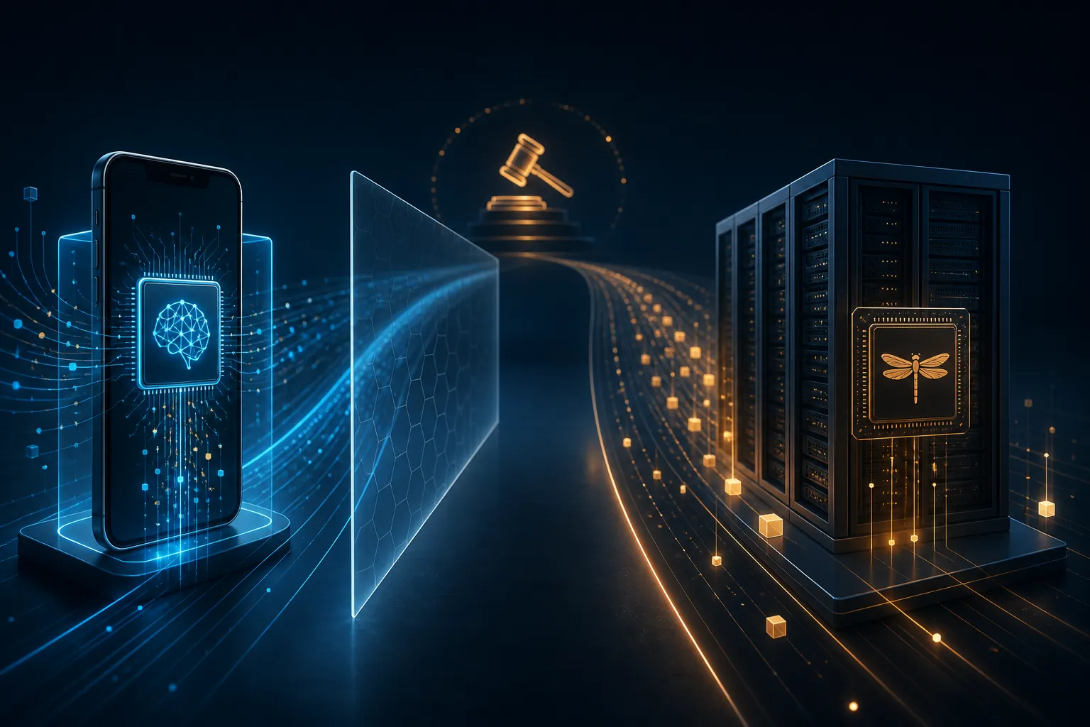 Split scene showing a smartphone NPU and a data-center AI chip converging toward an ad auction symbol