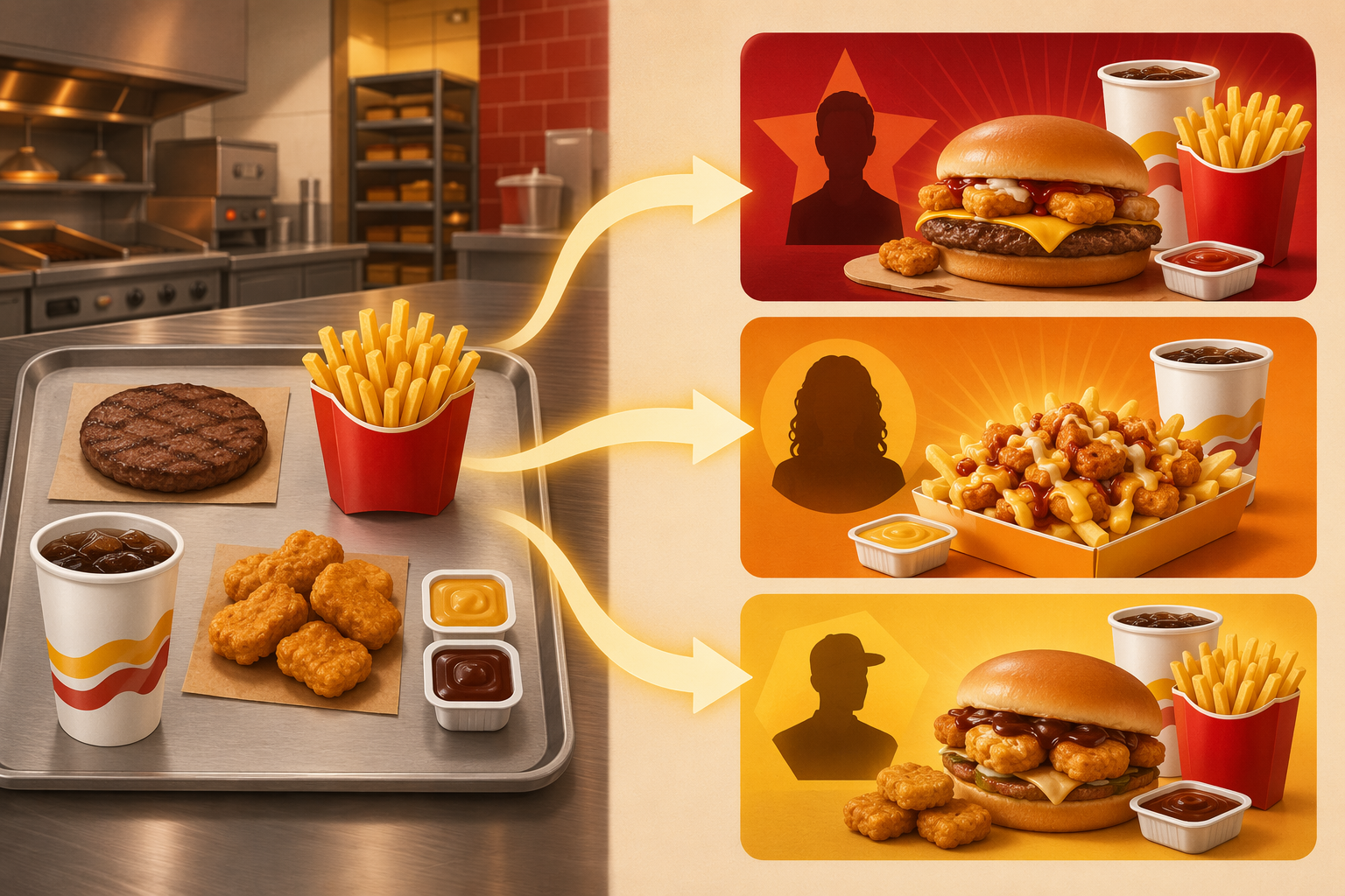 Core fast food ingredients recombined into multiple limited-time meal bundles