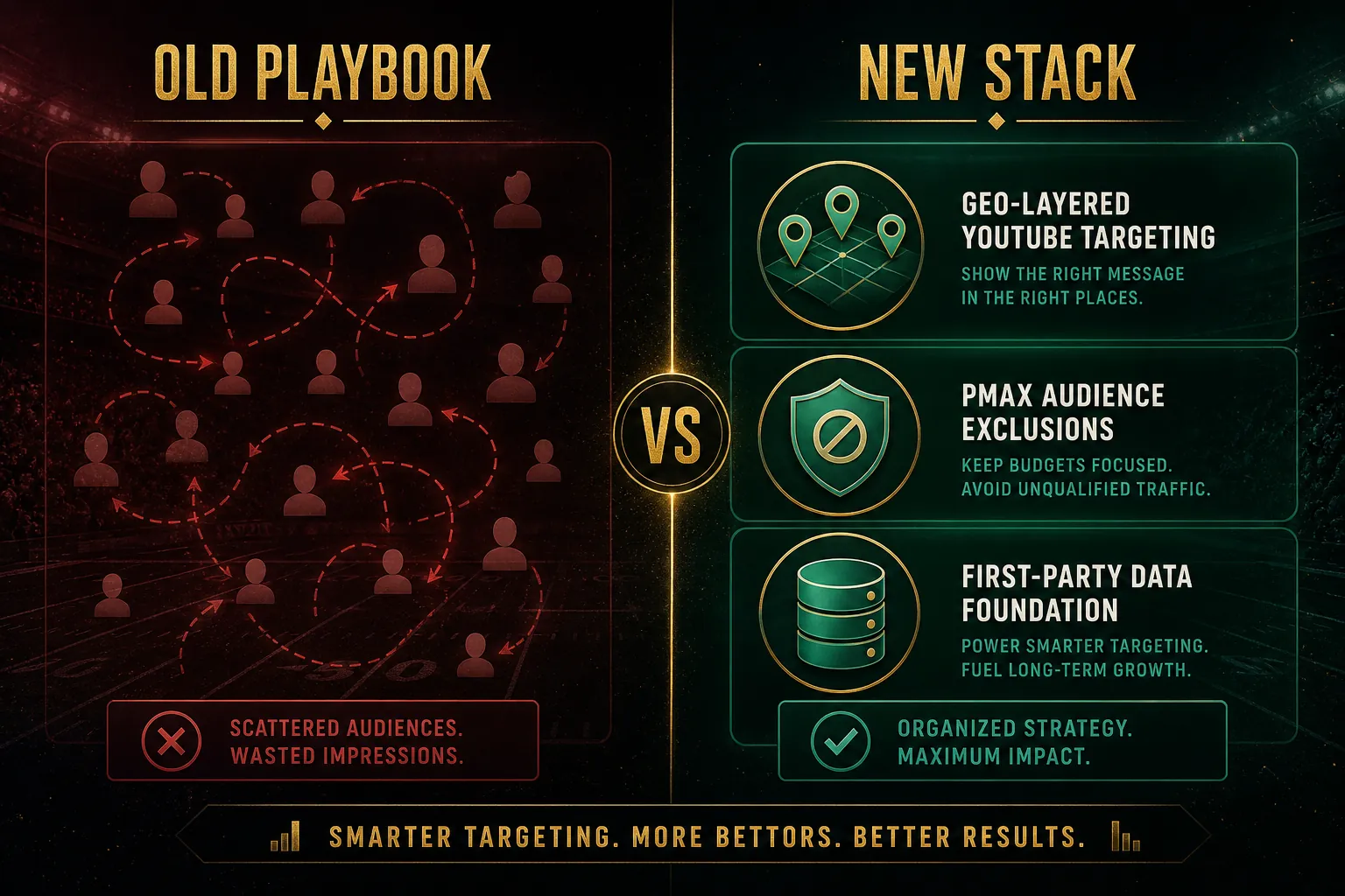 Comparison of old sportsbook retargeting playbook against a new stack using geo layers, audience exclusions, and first-party data