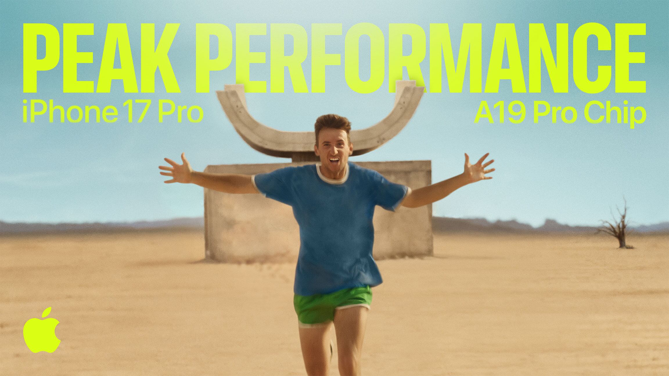Runner sprinting through a golden desert in Apple’s Peak Performance campaign for iPhone 17 Pro