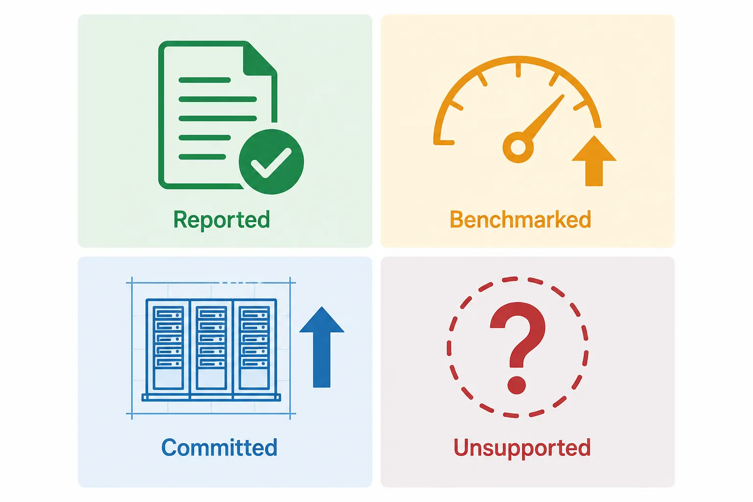 Grid distinguishing reported results, vendor benchmarks, infrastructure commitments, and unsupported conclusions