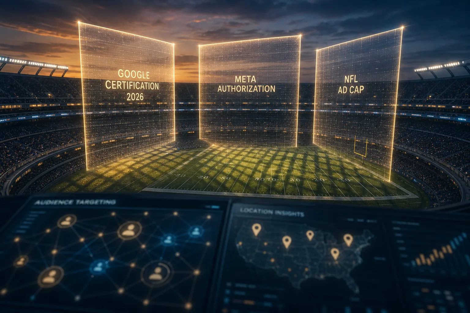 Digital sports stadium with glowing policy barriers for Google certification, Meta authorization, and NFL ad cap restrictions