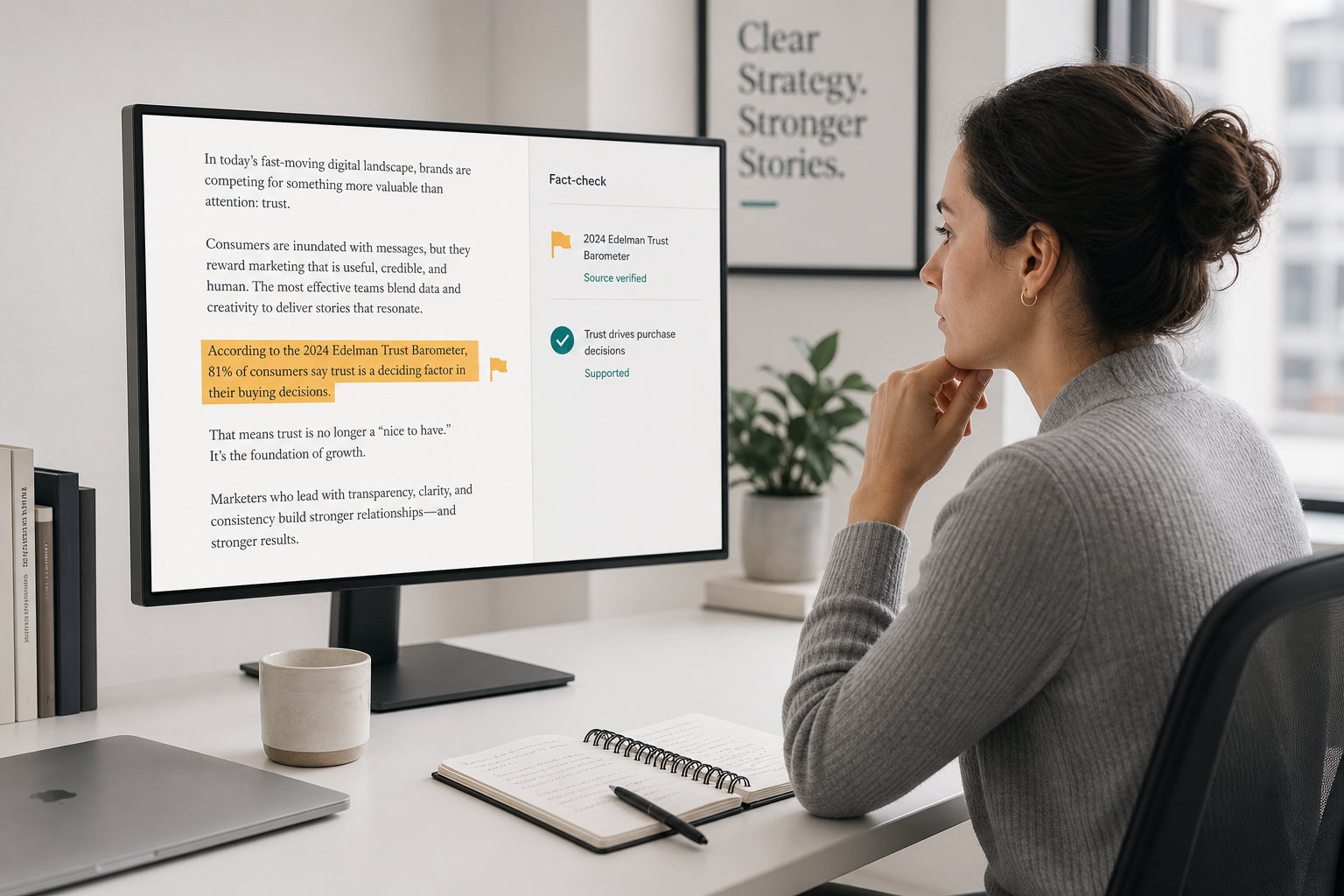 A marketing professional reviews a document on a large monitor with amber and teal verification icons highlighting specific sentences, suggesting an active fact-checking workflow.