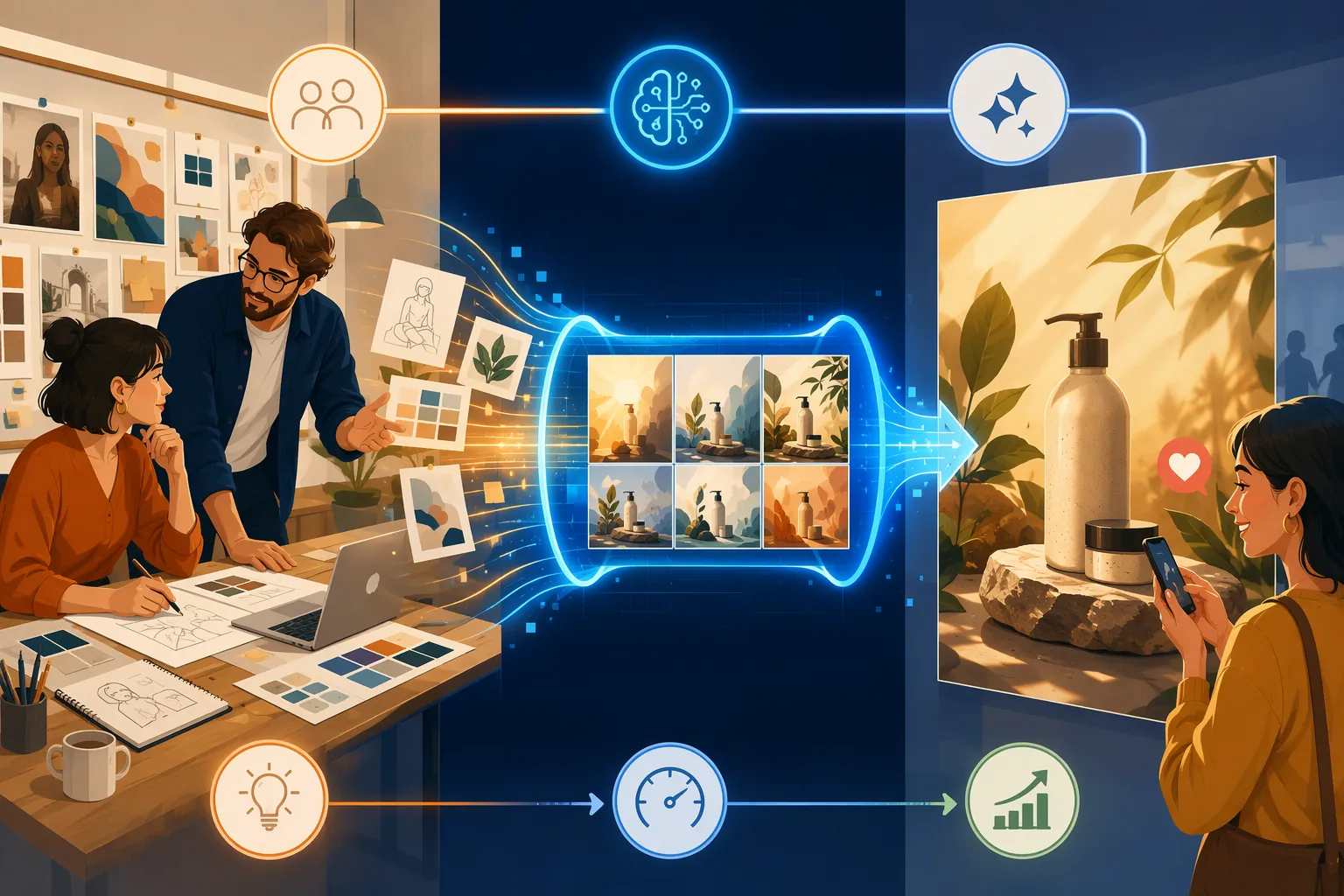 Hybrid creative workflow connecting human creative teams, AI processing, and polished advertising output