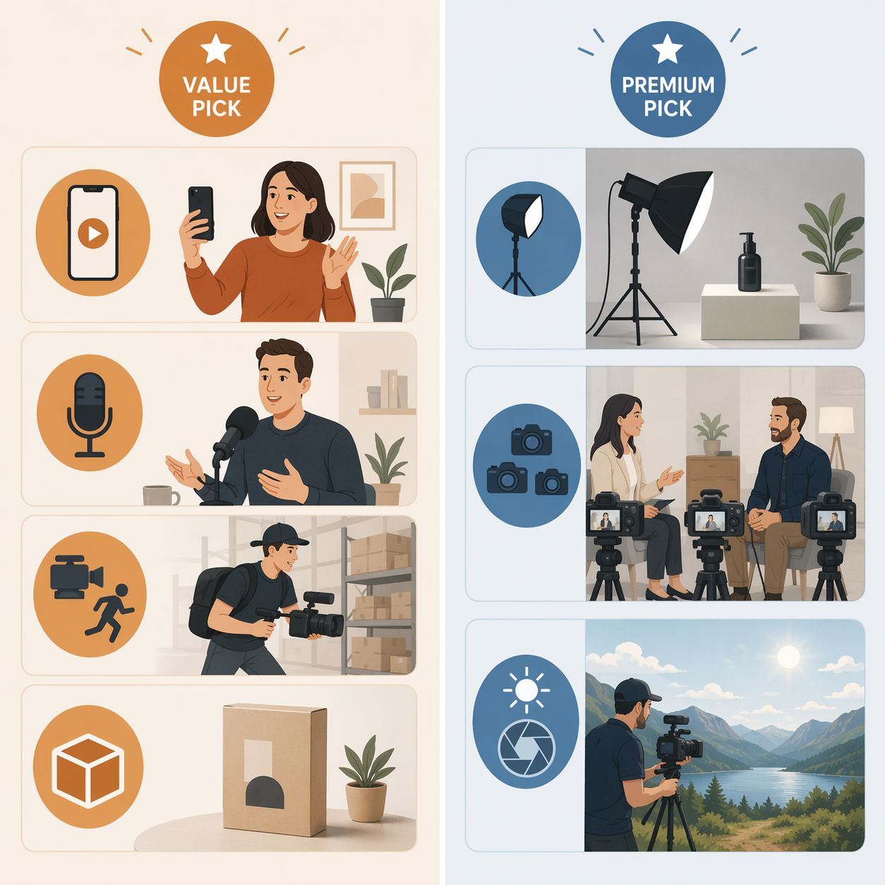 Infographic comparing iPhone value-pick scenarios with premium-pick content marketing scenarios