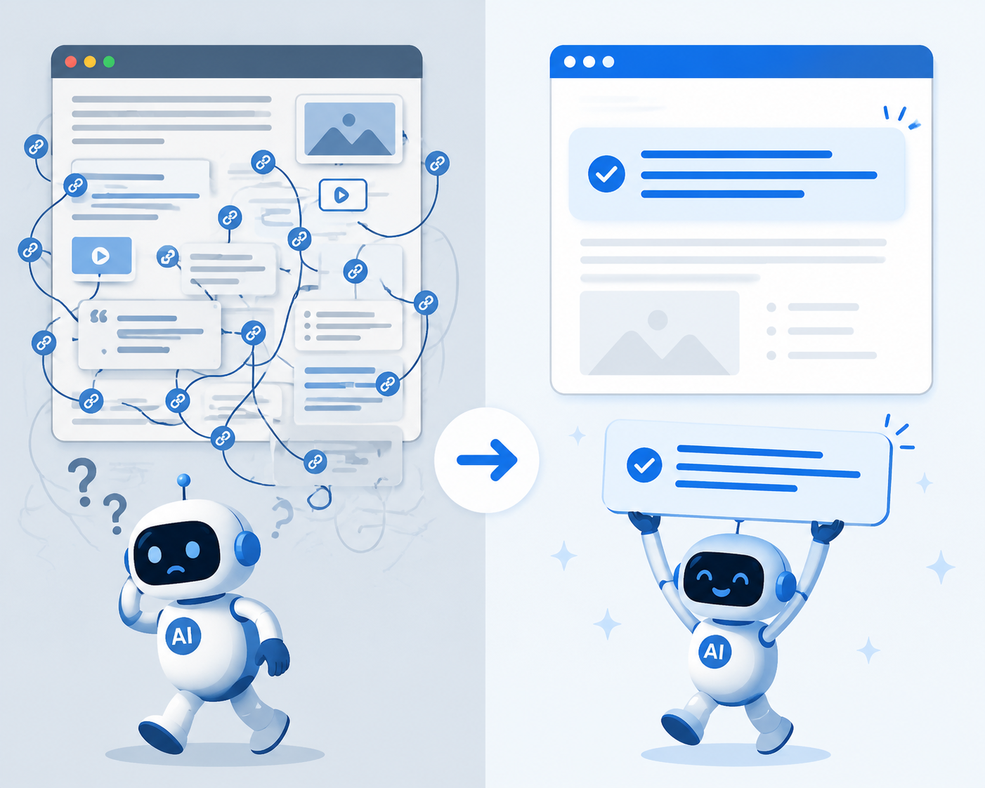 A cluttered webpage compared with a clean page that places a direct answer capsule near the top