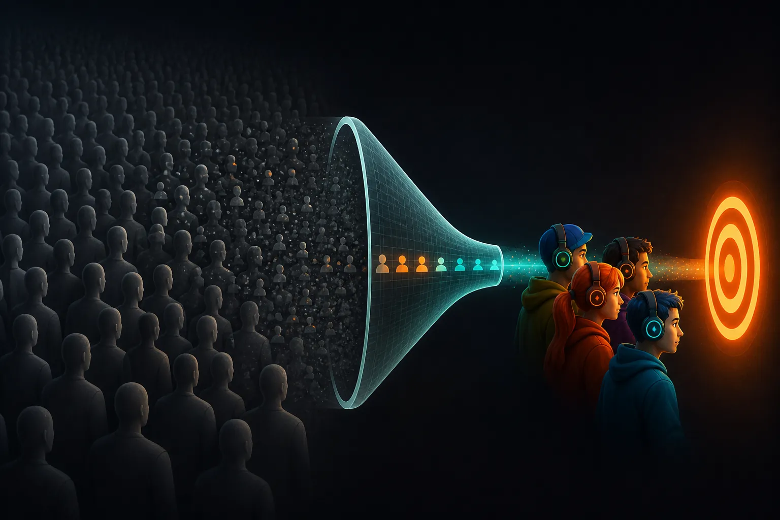 Editorial illustration contrasting a large dim audience with a smaller focused gamer audience passing through a relevance filter toward a target