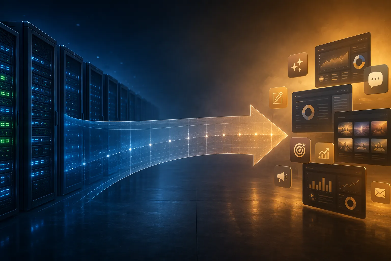 Timeline showing server racks, a 12 to 18 month gap, and application dashboards