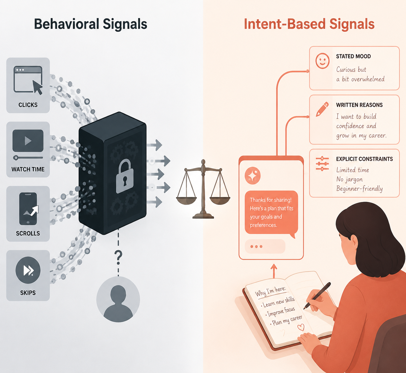Comparison of behavioral signals and intent-based signals feeding into recommendation systems