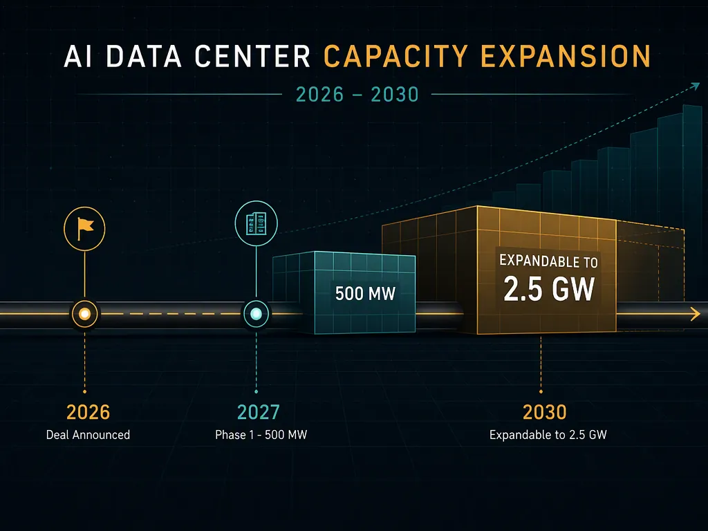 Timeline from the 2026 Core Scientific and AMD deal announcement to 2027 Phase 1 capacity and later 2.5 GW expansion