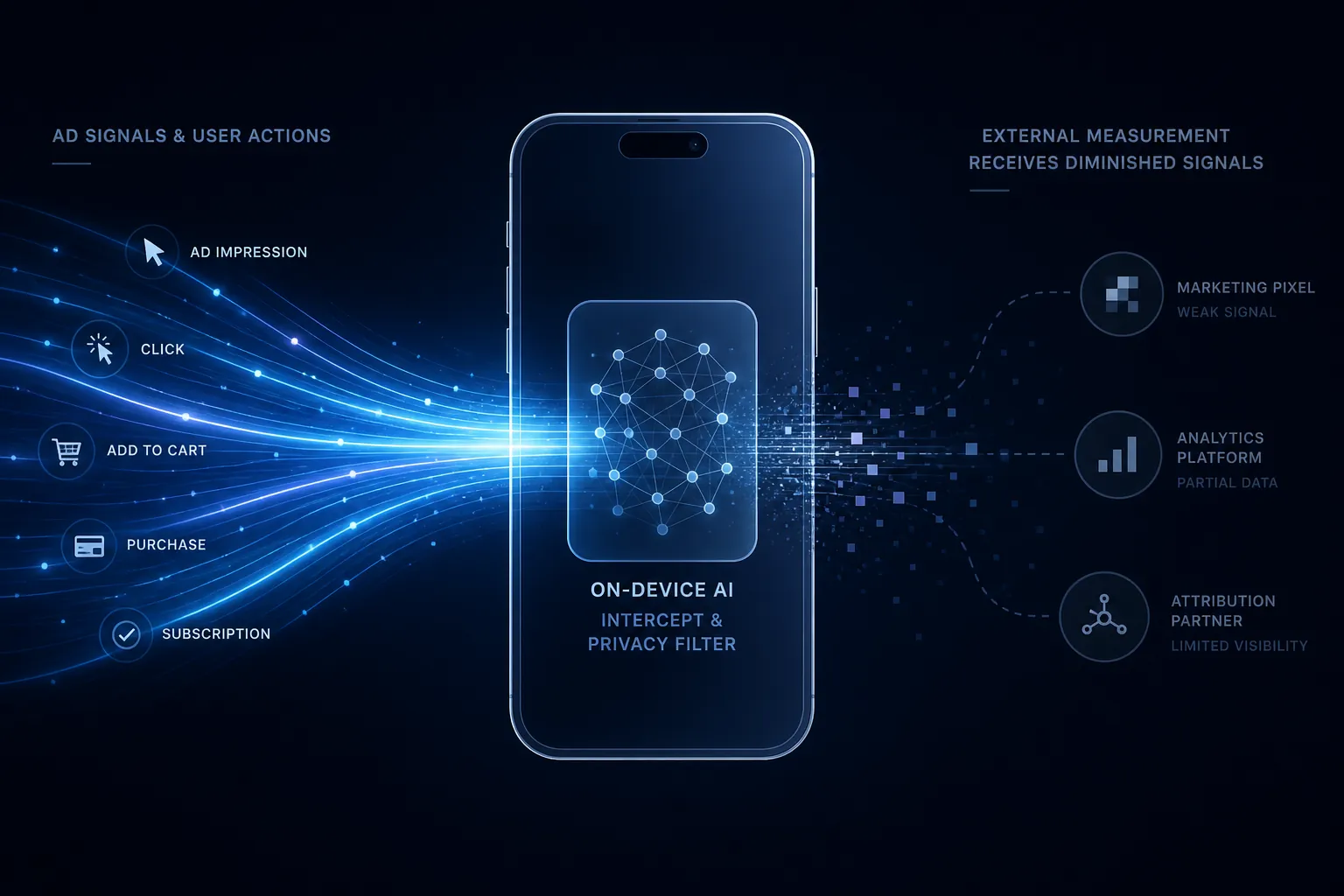 iOS device silhouette intercepting a data stream before external attribution receives fragmented signal