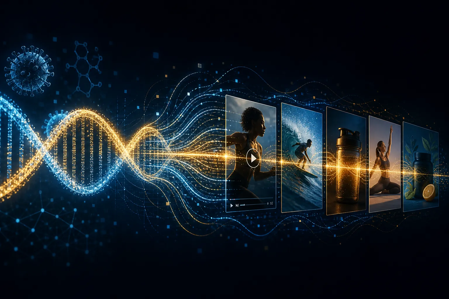 Glowing data strands transition into advertising creative panels with conserved regions highlighted across variants