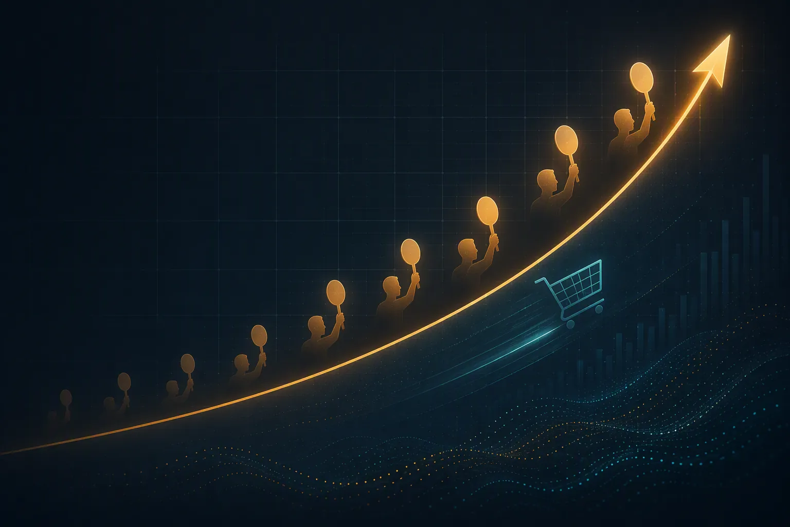 Rising auction-cost pressure curve with bid paddles and shopping cart glyph on a dark grid