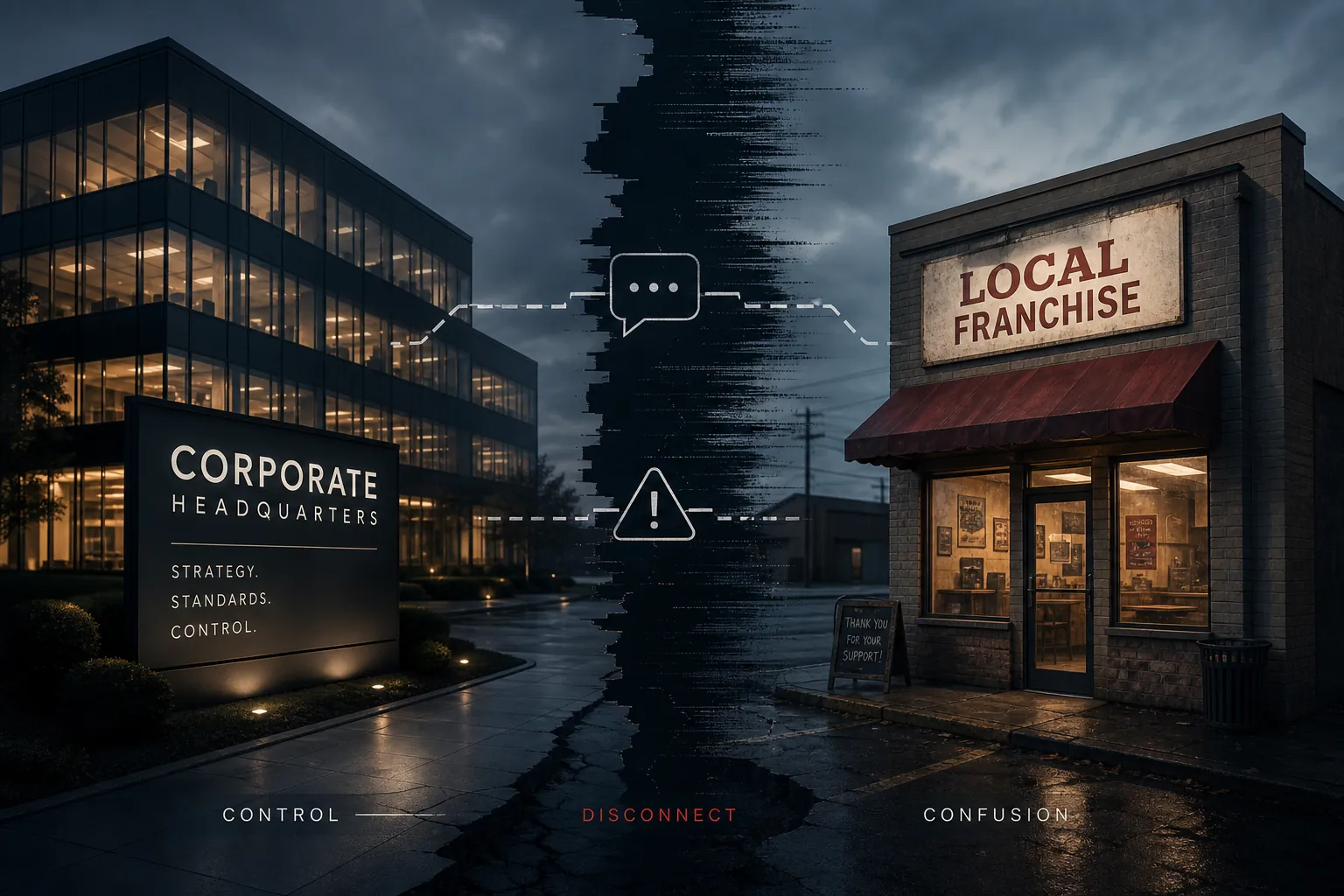 Corporate headquarters and a franchise storefront separated by broken communication lines