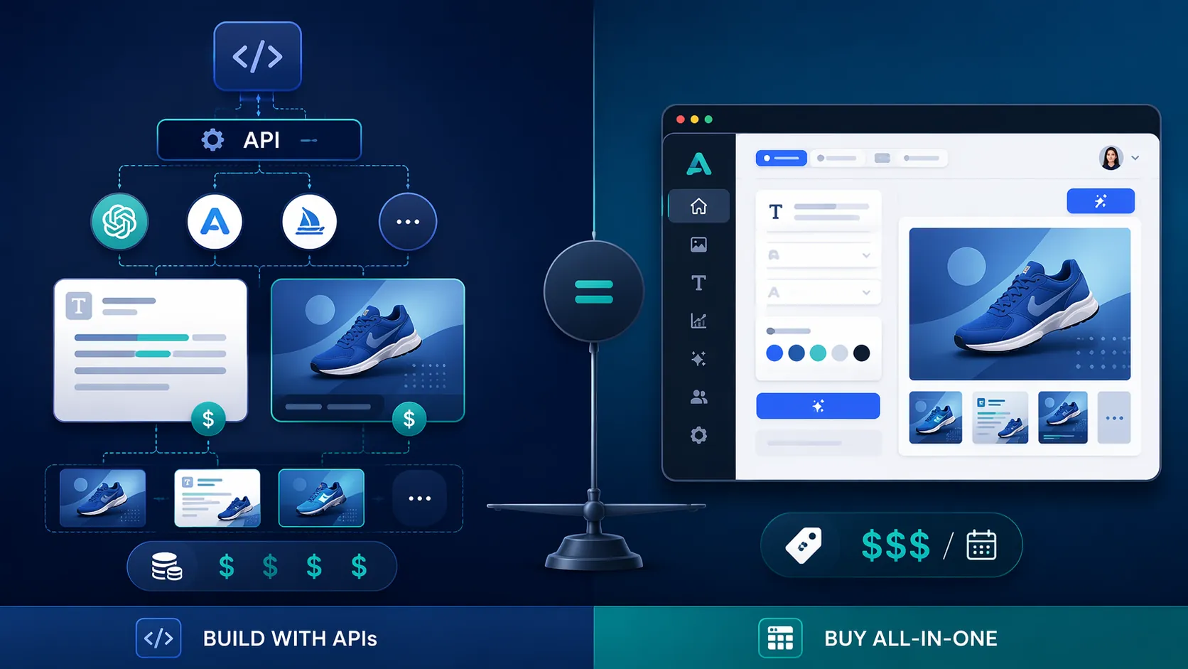 Split illustration comparing an API pipeline with token pricing against a subscription ad creative tool interface