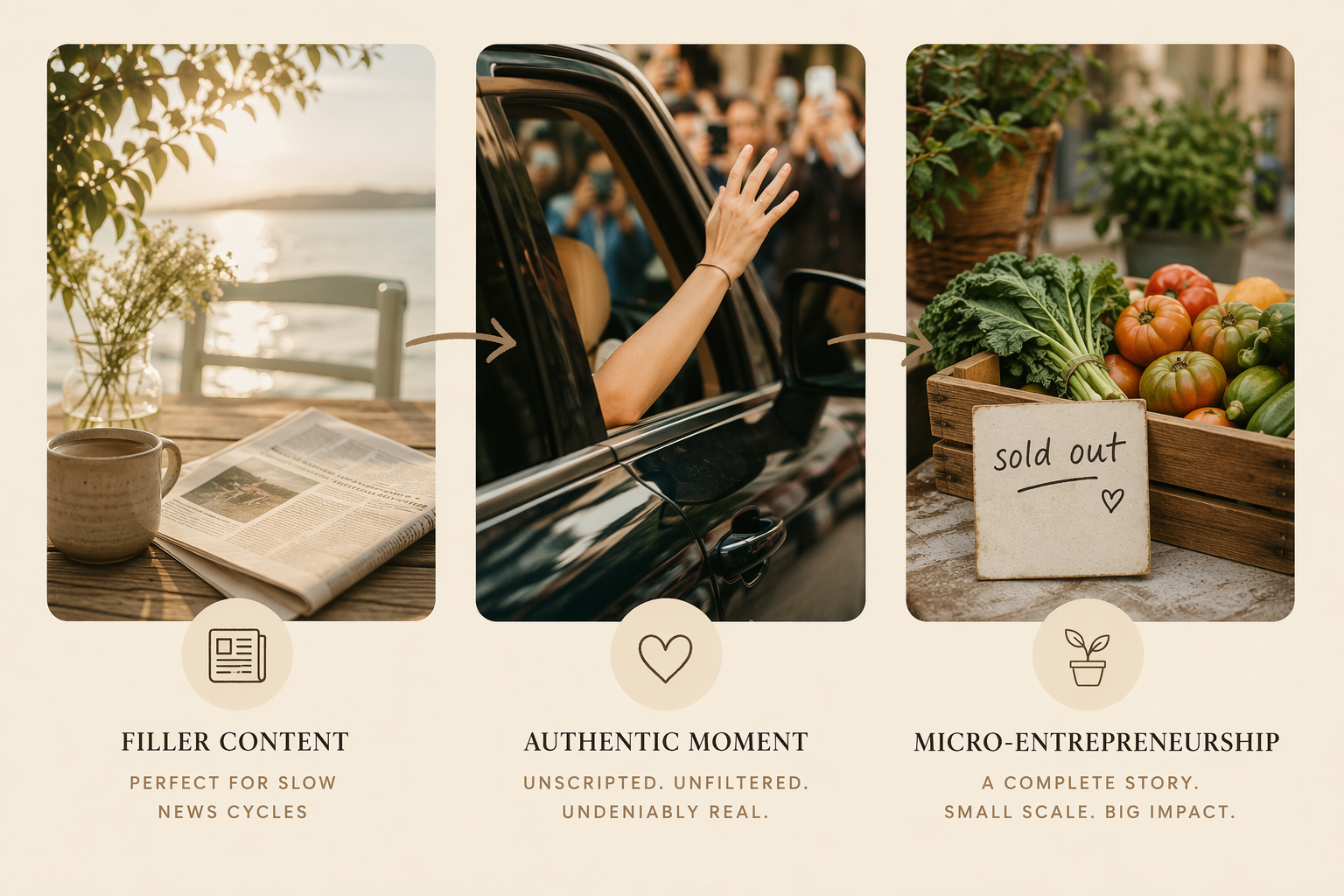 Illustration showing three editorial gaps filled by one social post: summer filler, candid celebrity authenticity, and a sold-out farm stand narrative