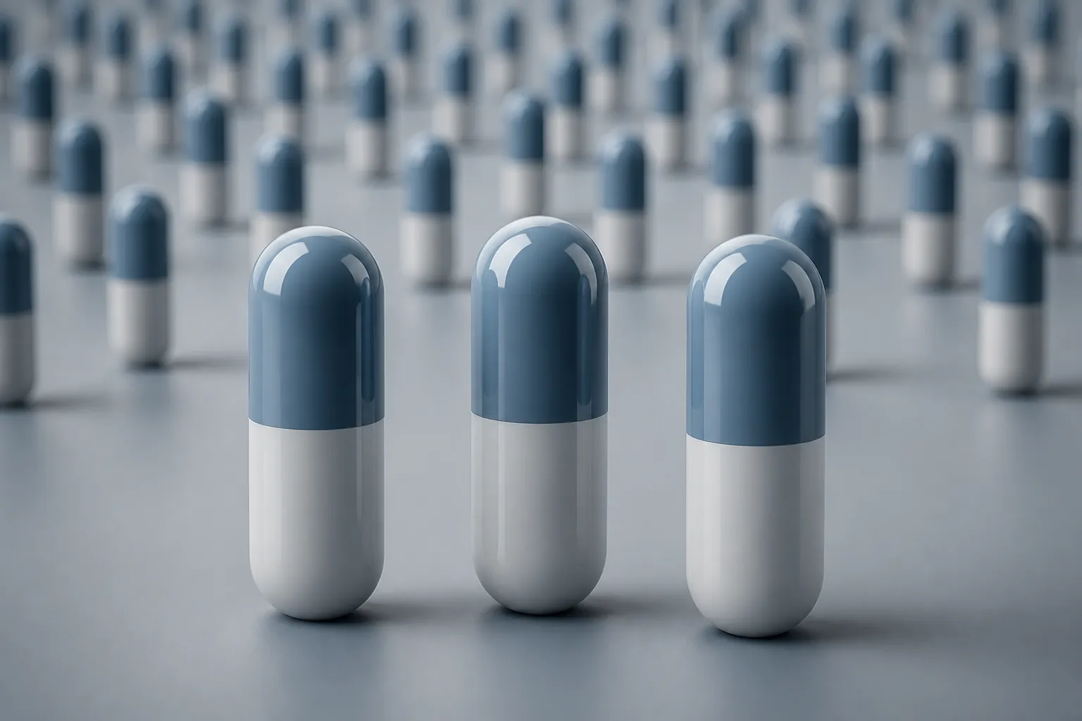 Three oversized pharmaceutical capsules standing out from many smaller capsules in the background