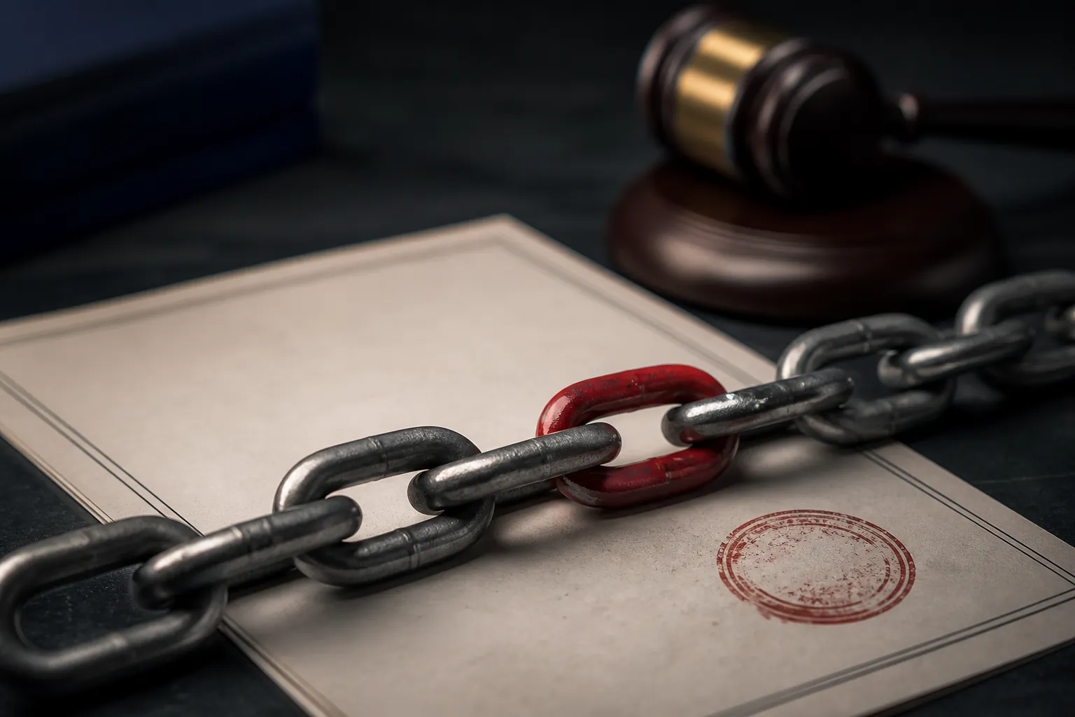 A red-marked official letter beneath a chain and a blurred judge's gavel