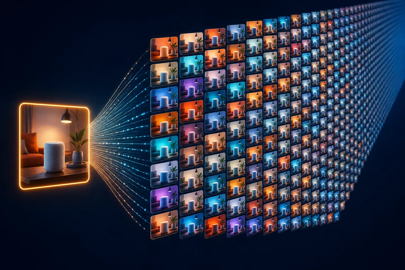A glowing product video frame expanding into many small creative variations