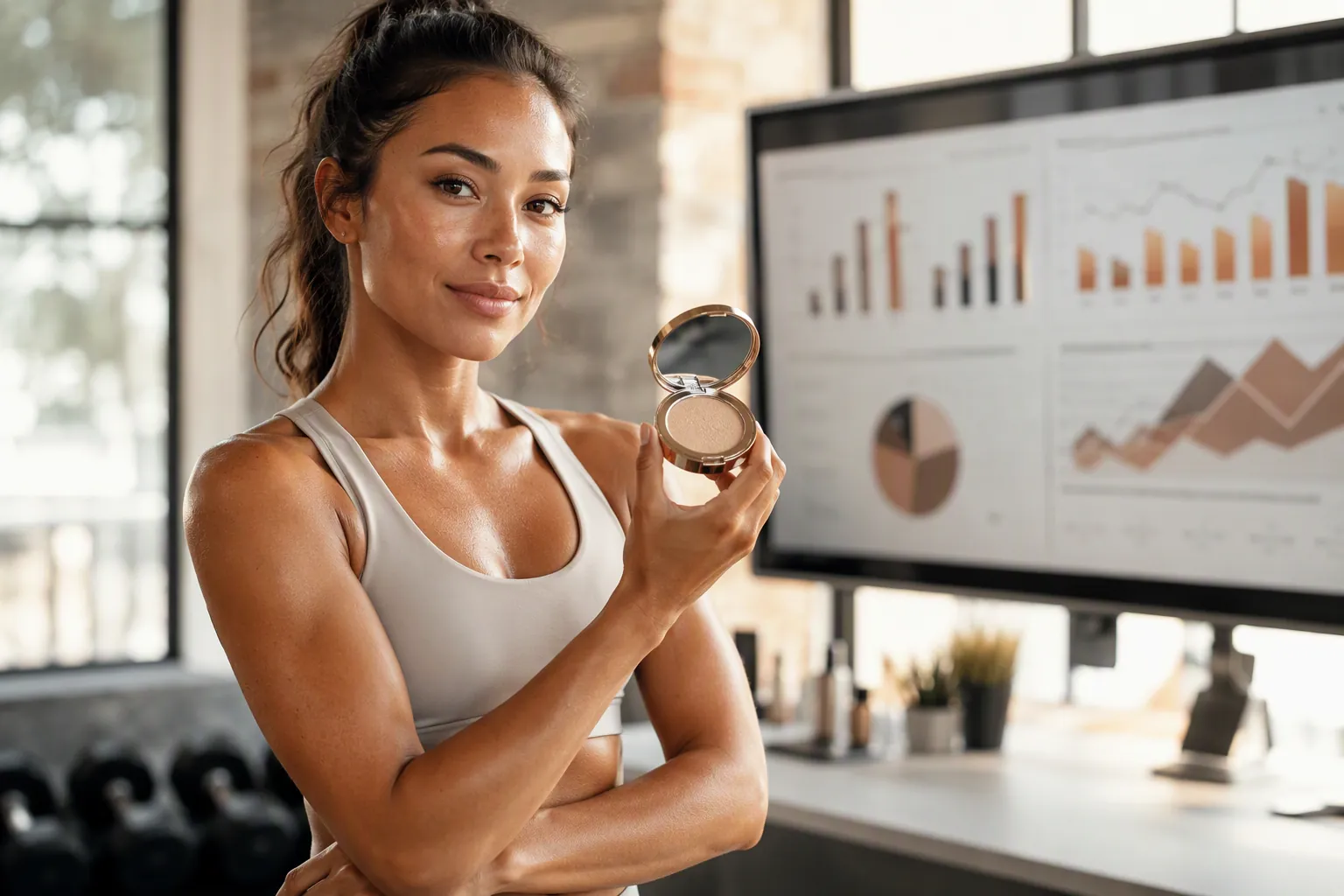 Female athlete holding a cosmetics compact with marketing performance charts in the background
