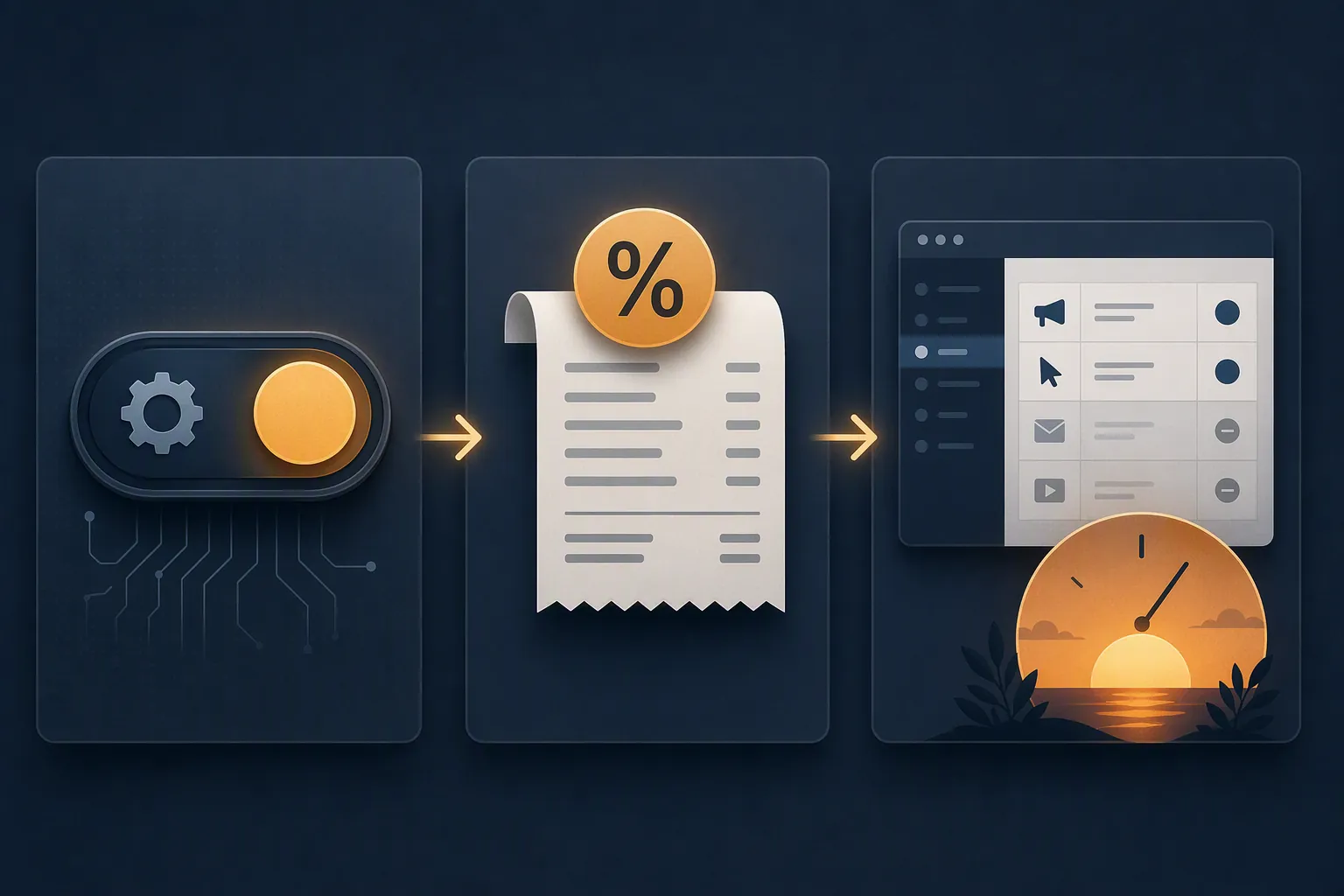Three linked panels showing AI defaults, additive fees, and campaign-type sunsetting