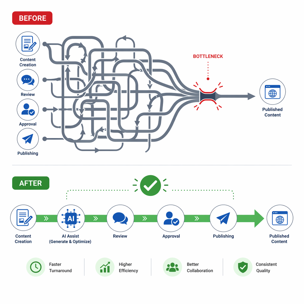 A before-and-after visual showing a congested marketing workflow with a bottleneck transforming into a streamlined flow after AI integration.