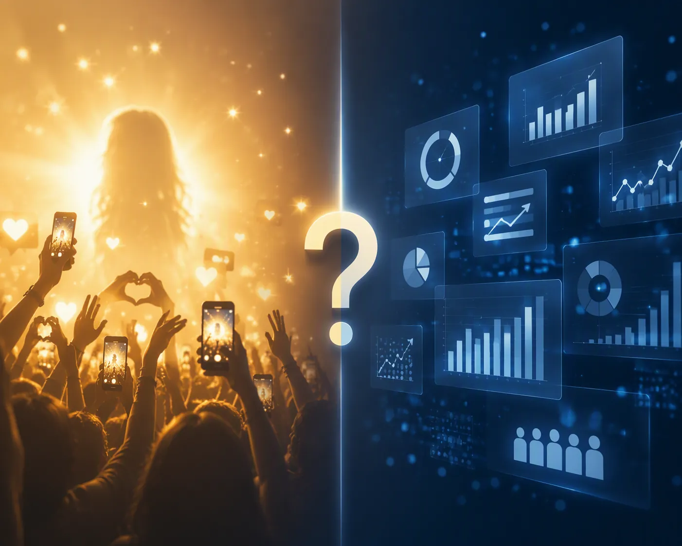 Split illustration of celebrity fandom buzz beside benchmark charts and ROI metrics