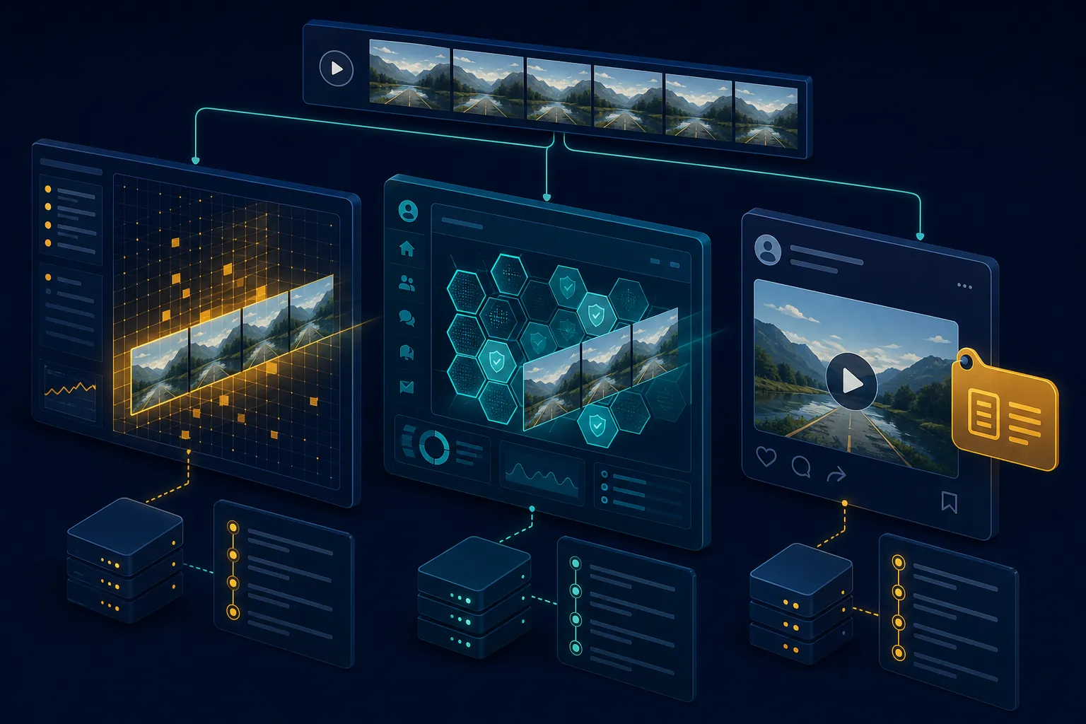 Video frames flowing into open-web, walled-garden, and disclosure-label detection surfaces with separate audit trails